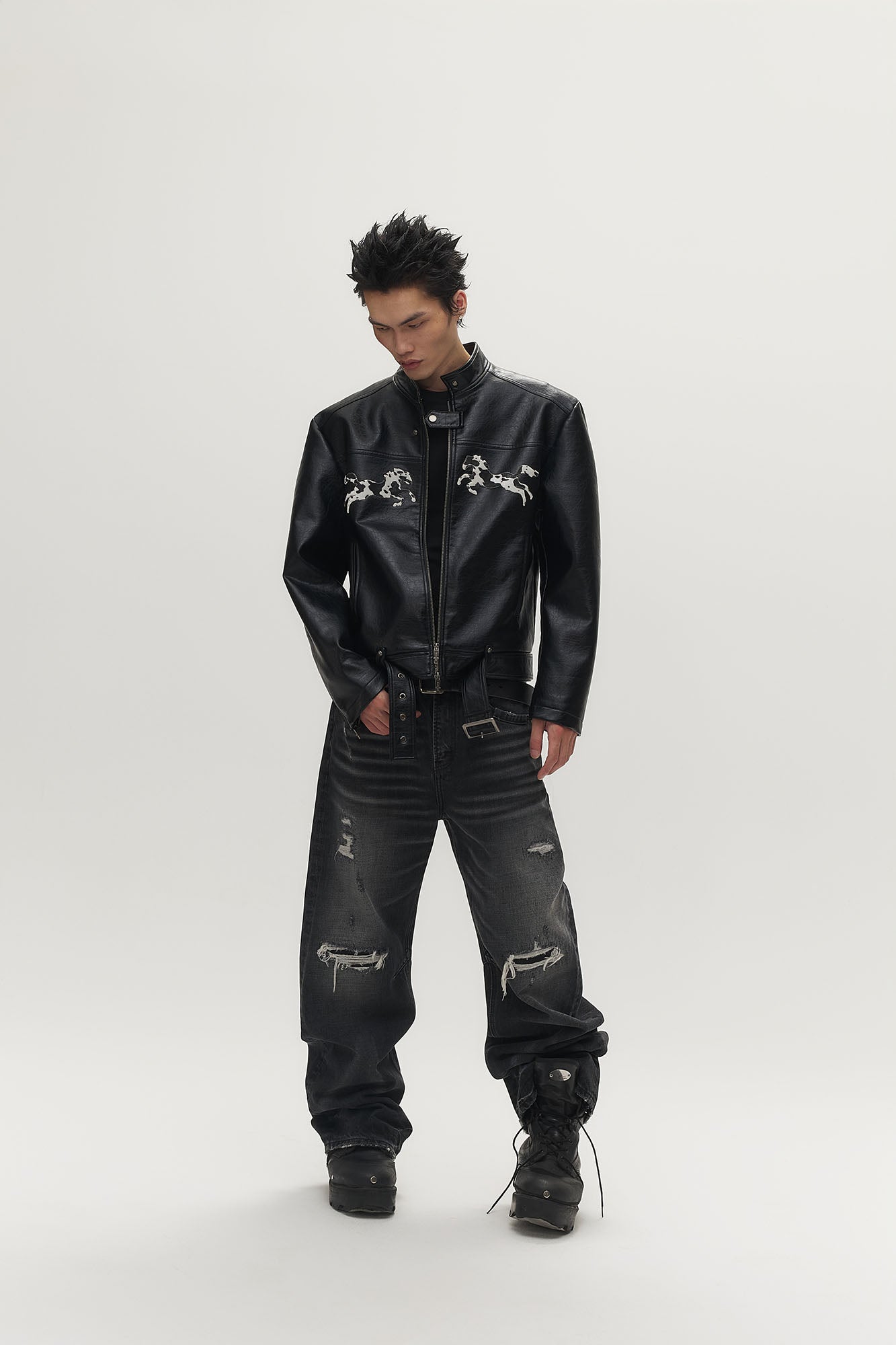 SAVAGEGROWTHWORLD Horse Patch Faux Leather Moto Jacket