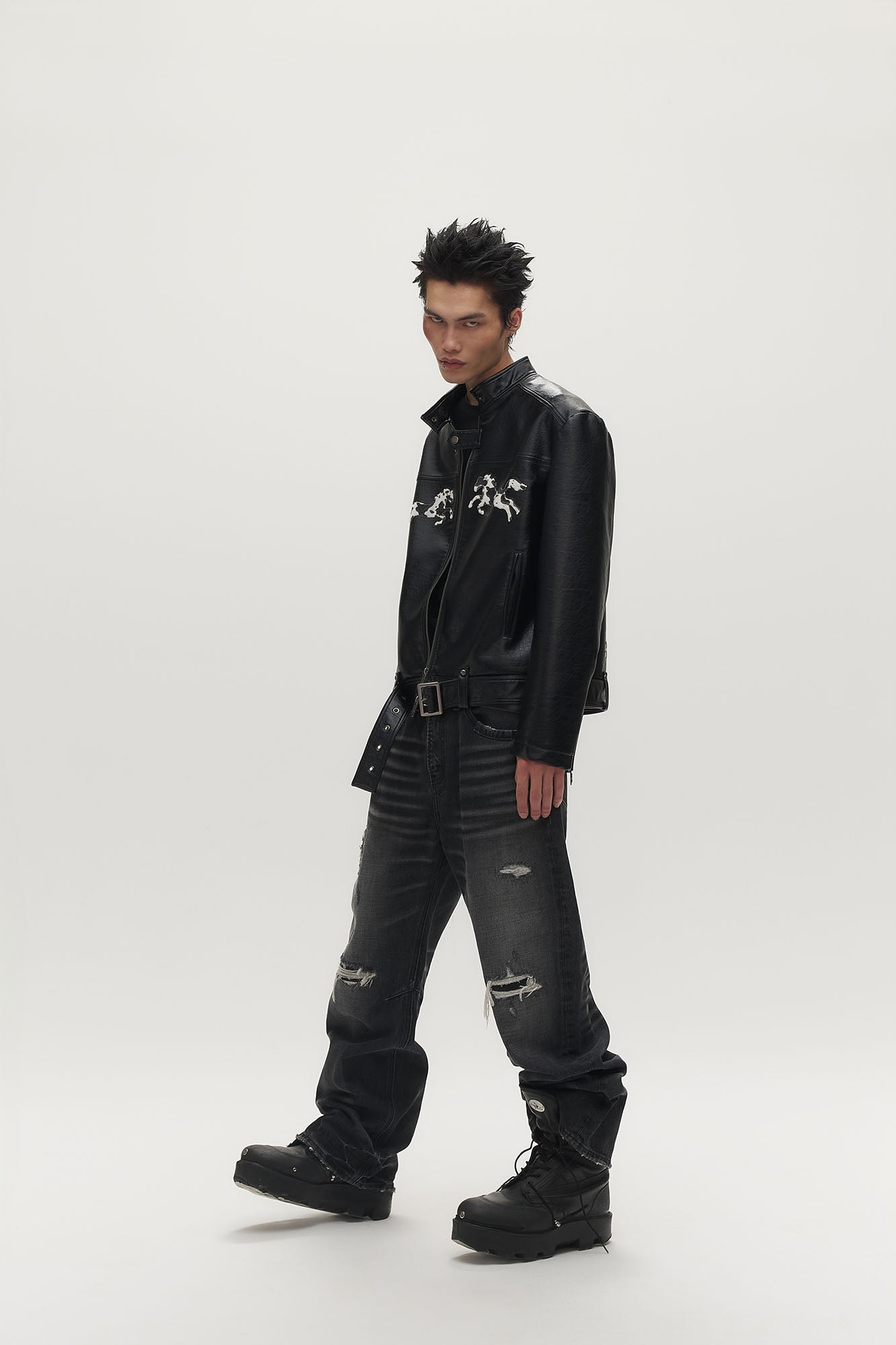 SAVAGEGROWTHWORLD Horse Patch Faux Leather Moto Jacket