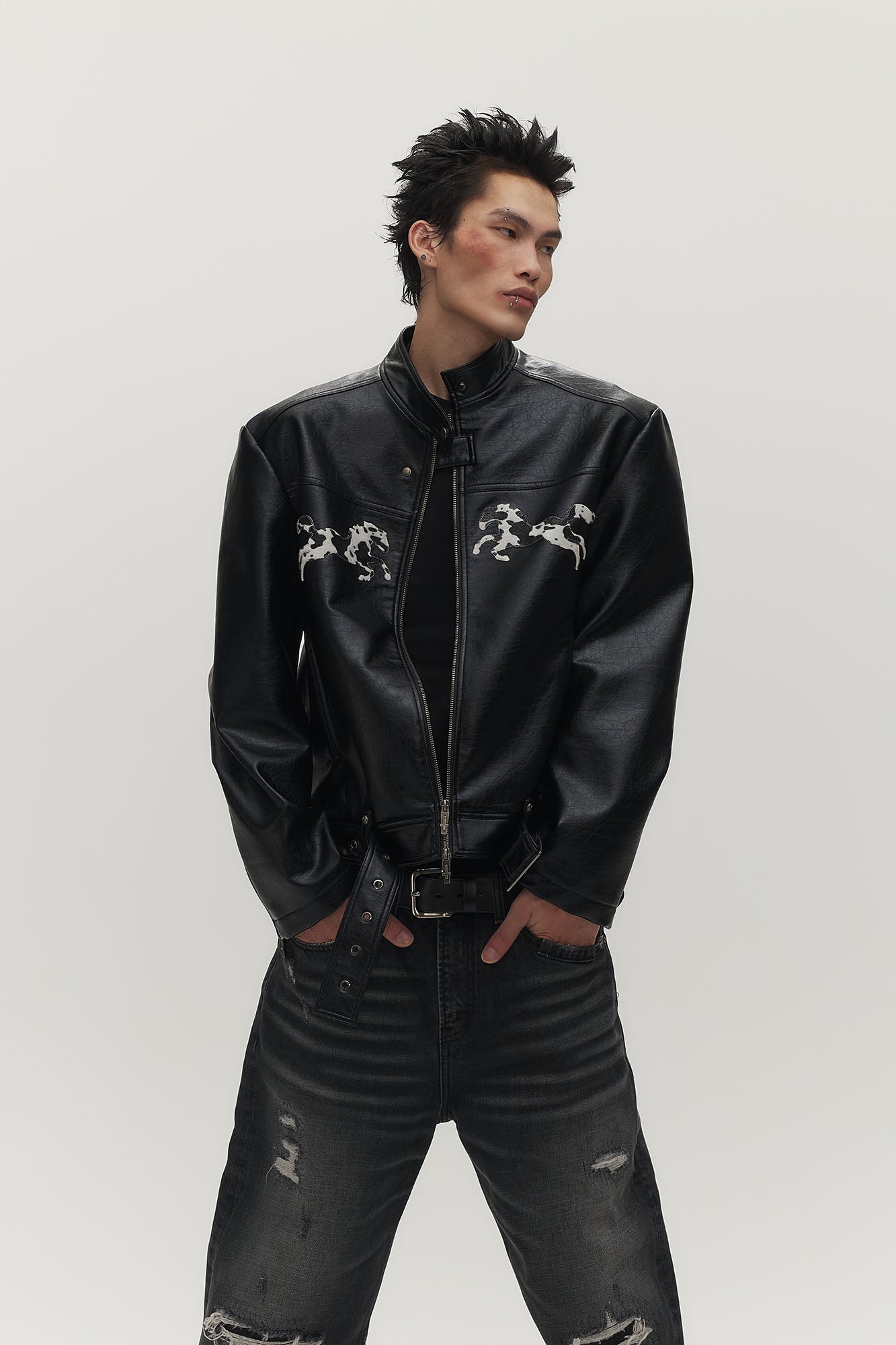 SAVAGEGROWTHWORLD Horse Patch Faux Leather Moto Jacket