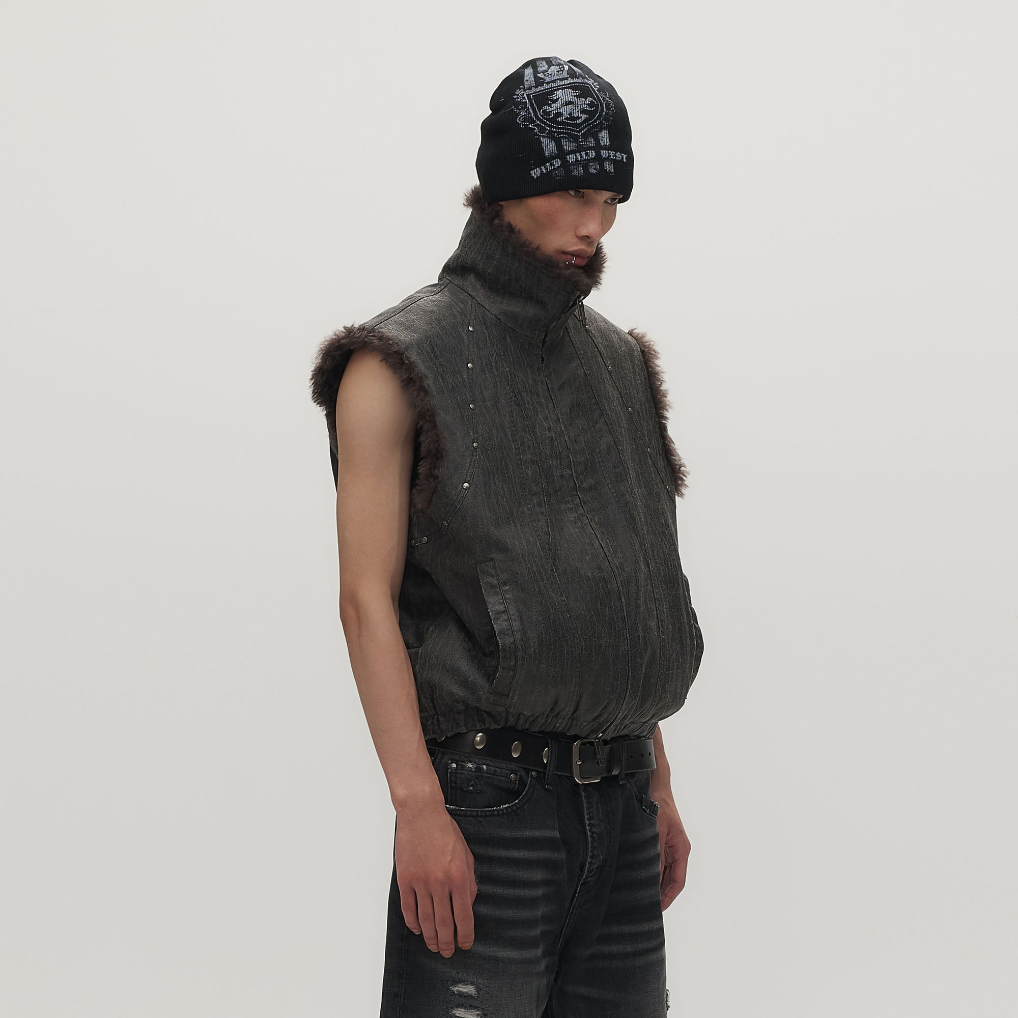 SAVAGEGROWTHWORLD Washed Faux Fur Lining Studded Vest