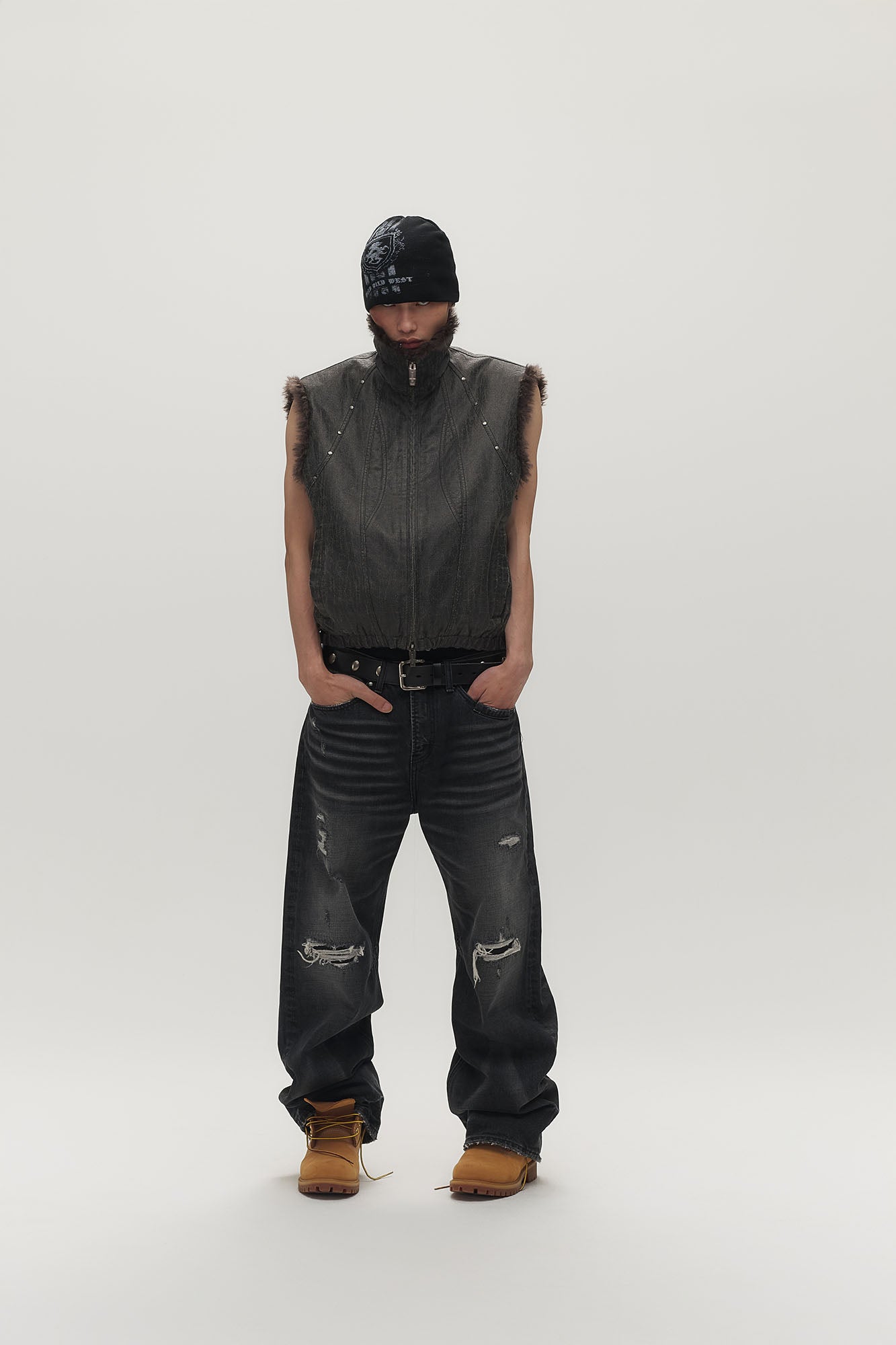 SAVAGEGROWTHWORLD Washed Faux Fur Lining Studded Vest