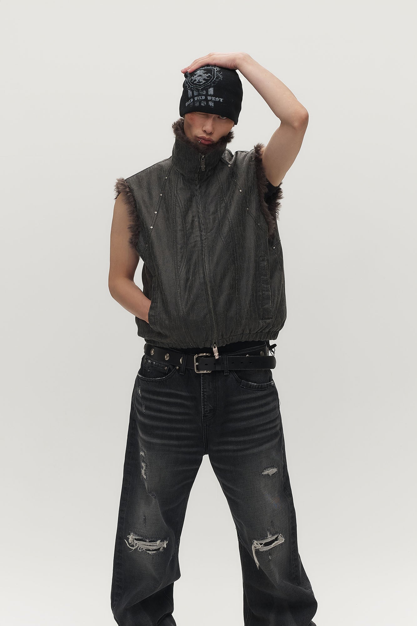 SAVAGEGROWTHWORLD Washed Faux Fur Lining Studded Vest