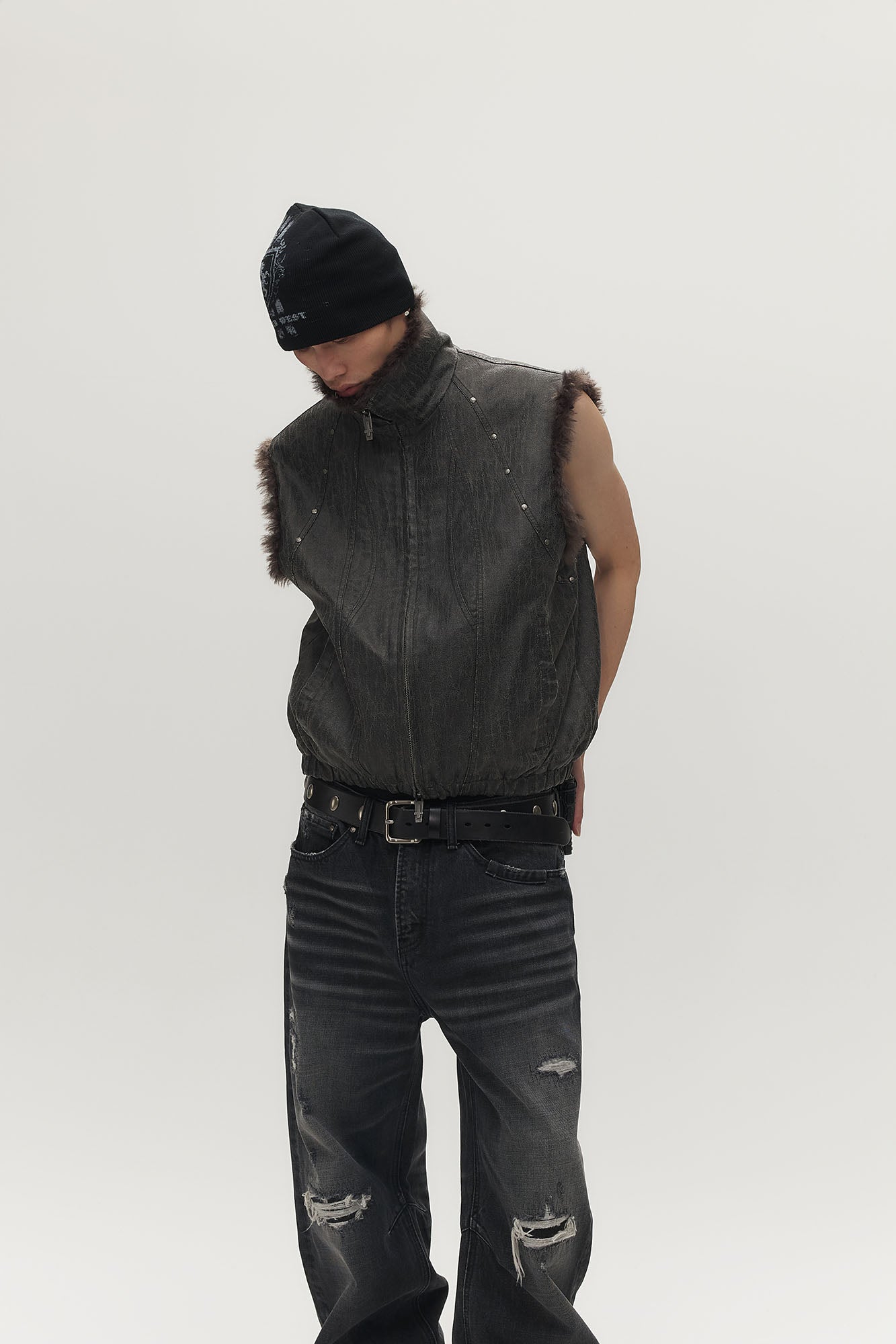 SAVAGEGROWTHWORLD Washed Faux Fur Lining Studded Vest