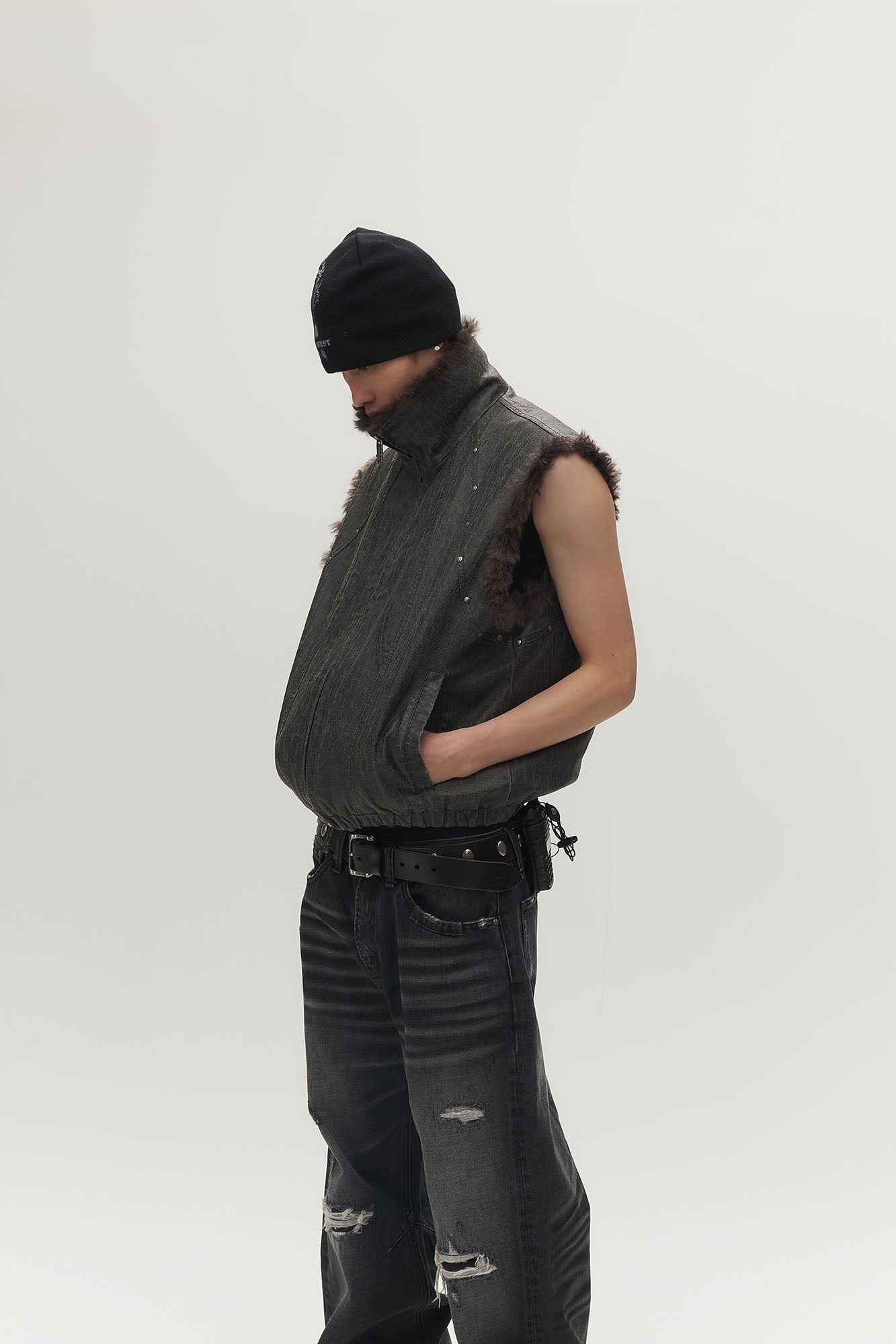 SAVAGEGROWTHWORLD Washed Faux Fur Lining Studded Vest