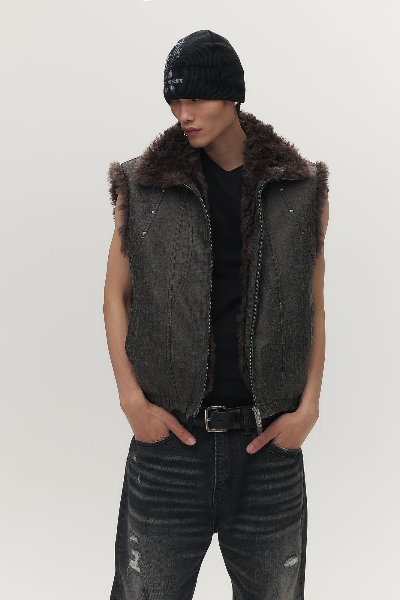 SAVAGEGROWTHWORLD Washed Faux Fur Lining Studded Vest