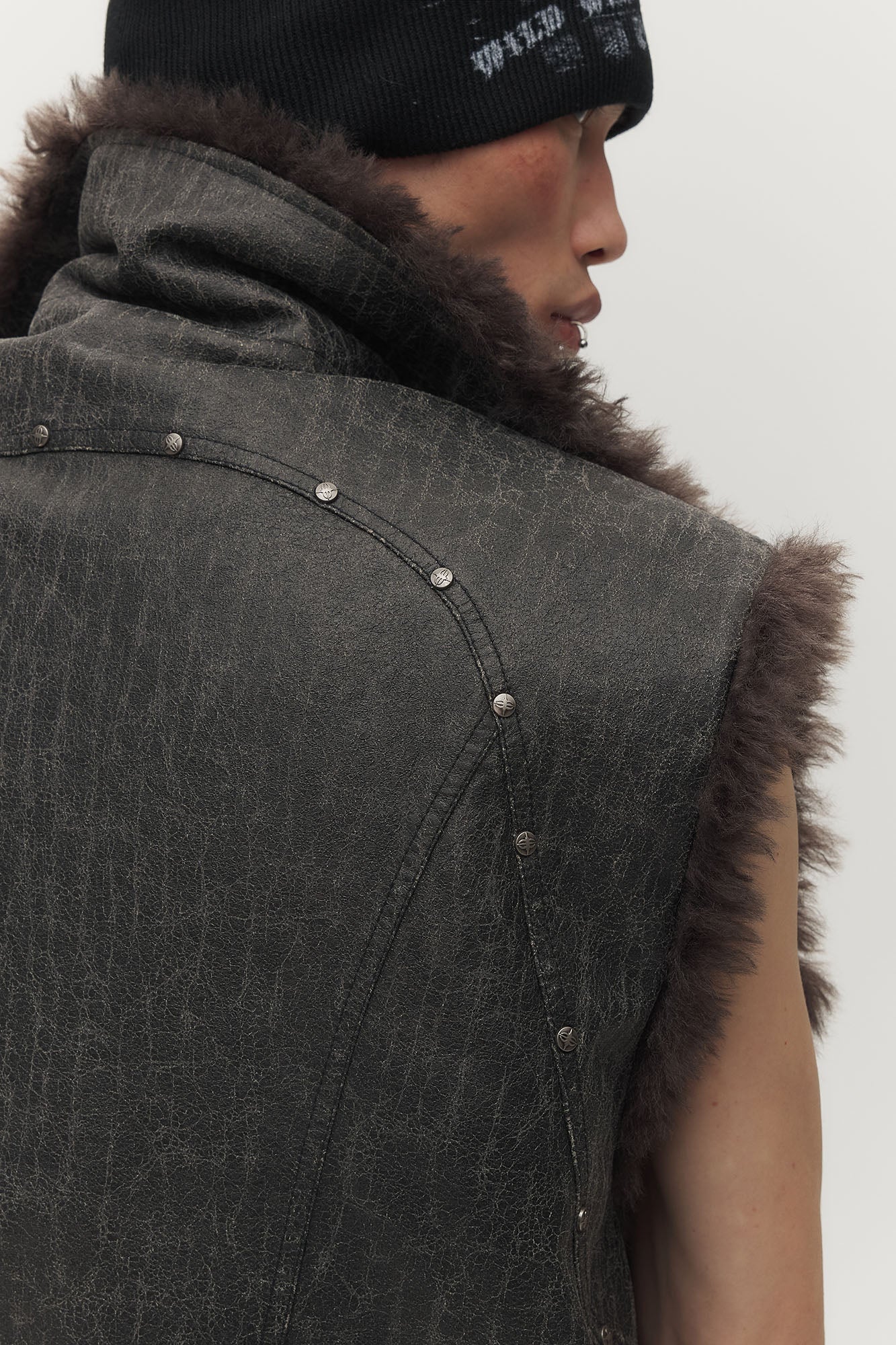 SAVAGEGROWTHWORLD Washed Faux Fur Lining Studded Vest