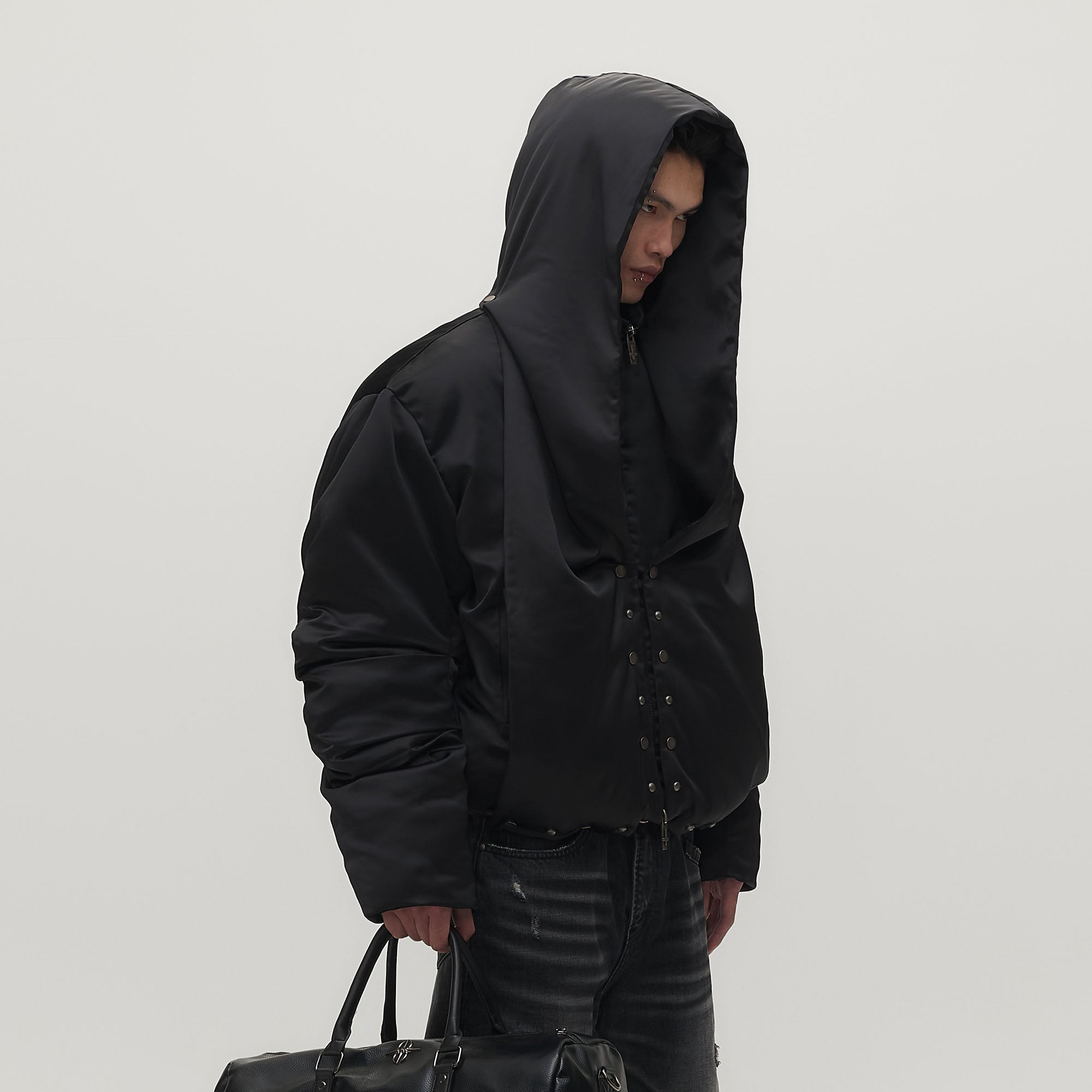 SAVAGEGROWTHWORLD Detachable Hood Satin Oversized Bomber Jacket