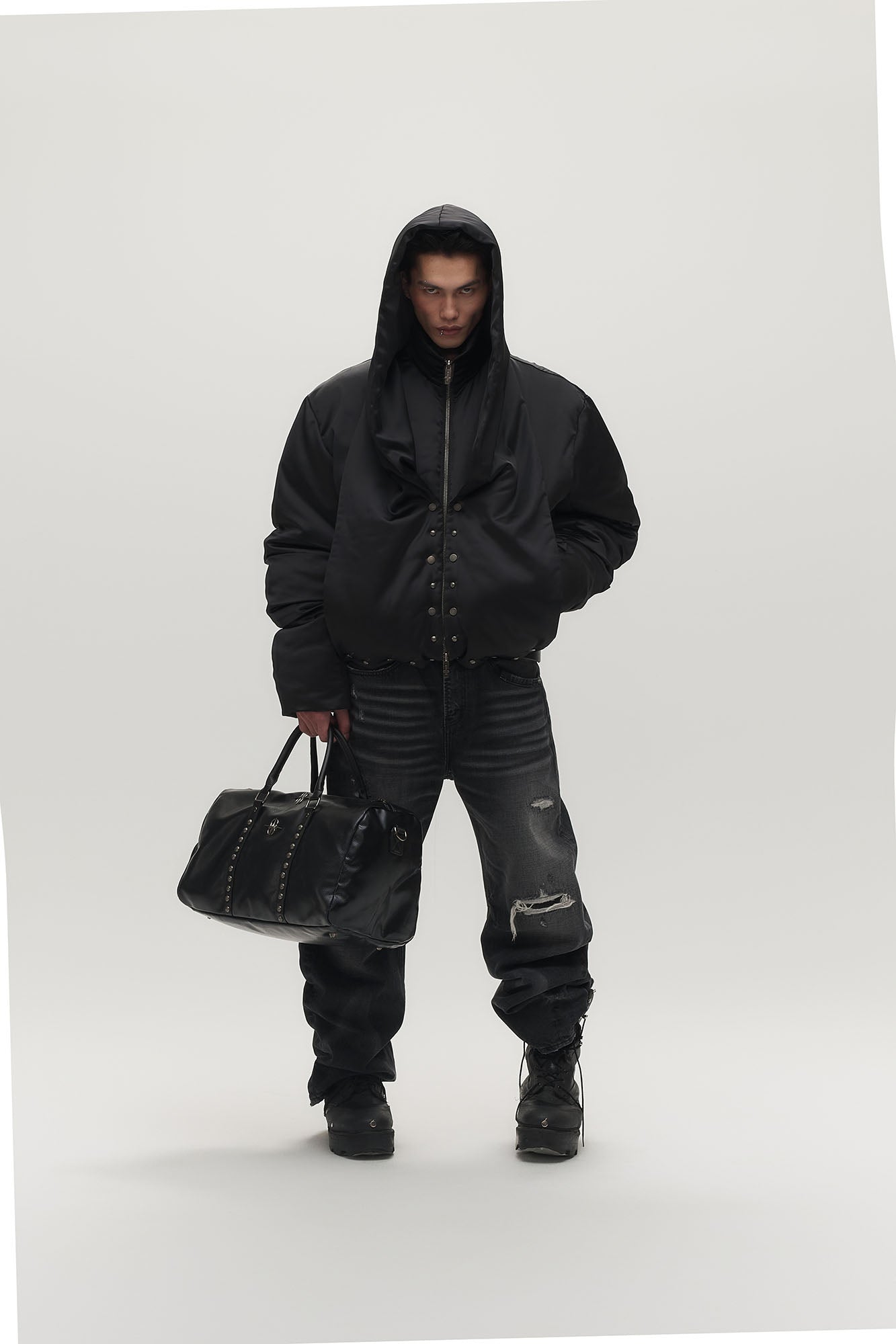 SAVAGEGROWTHWORLD Detachable Hood Satin Oversized Bomber Jacket