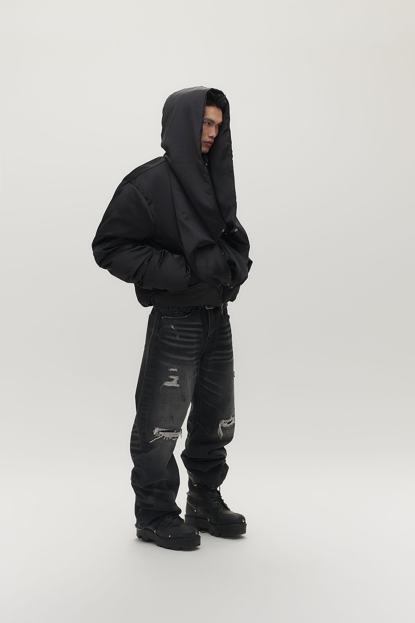 SAVAGEGROWTHWORLD Detachable Hood Satin Oversized Bomber Jacket