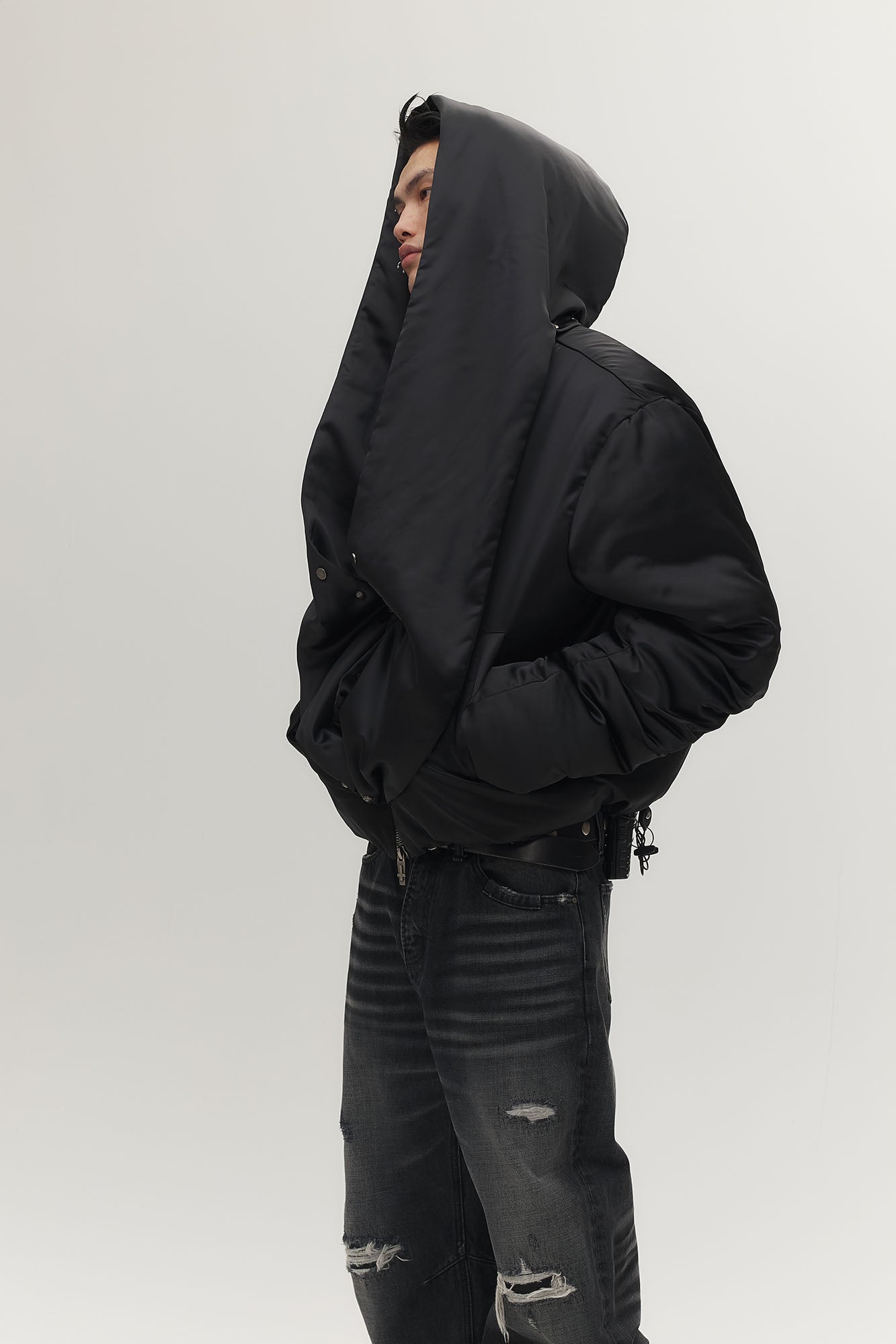 SAVAGEGROWTHWORLD Detachable Hood Satin Oversized Bomber Jacket