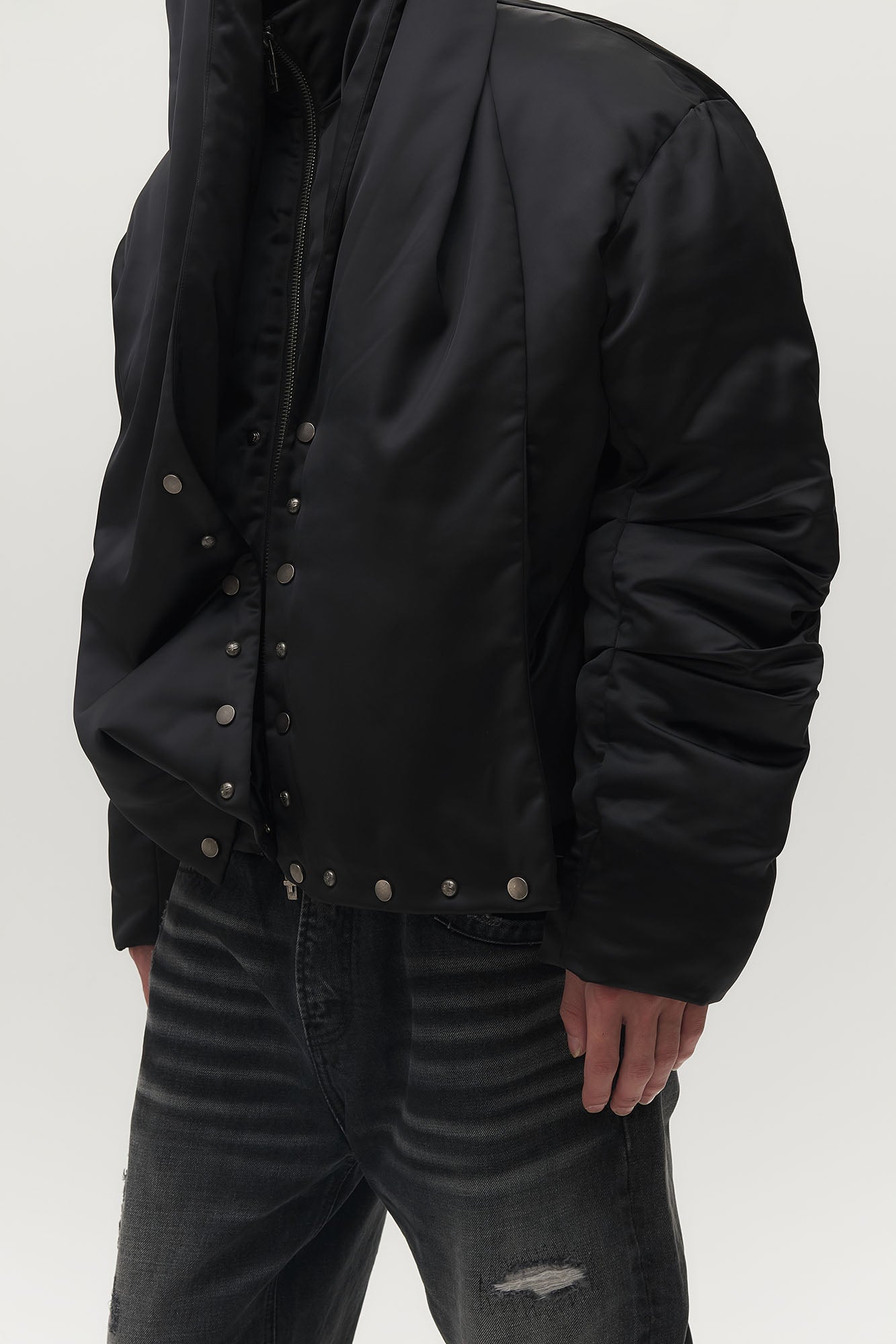 SAVAGEGROWTHWORLD Detachable Hood Satin Oversized Bomber Jacket