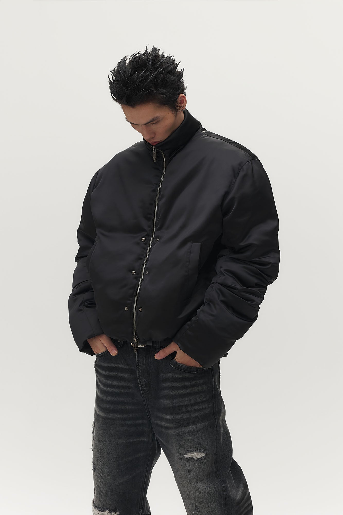 SAVAGEGROWTHWORLD Detachable Hood Satin Oversized Bomber Jacket