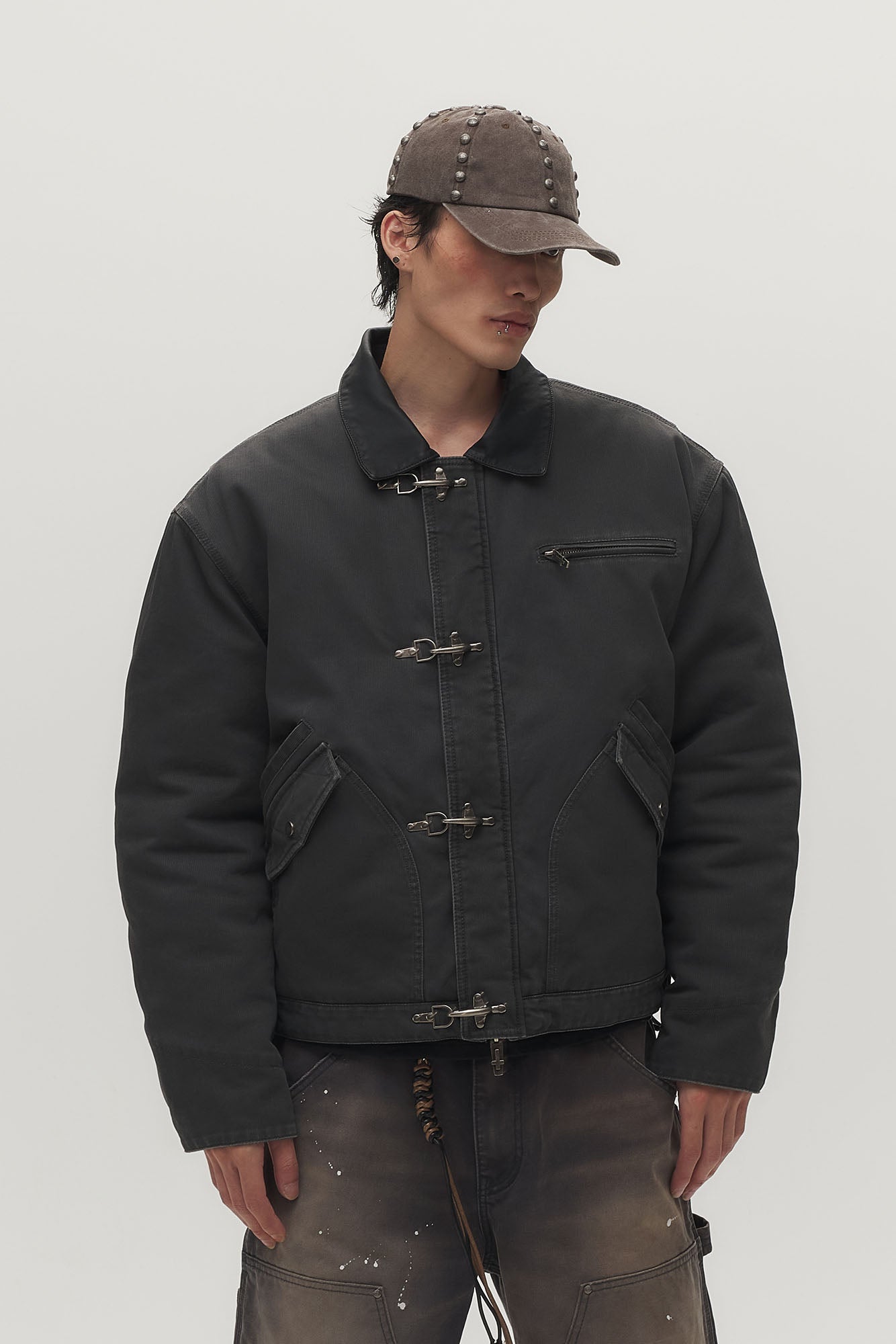 SAVAGEGROWTHWORLD Leather Collar Utility Puffer Jacket