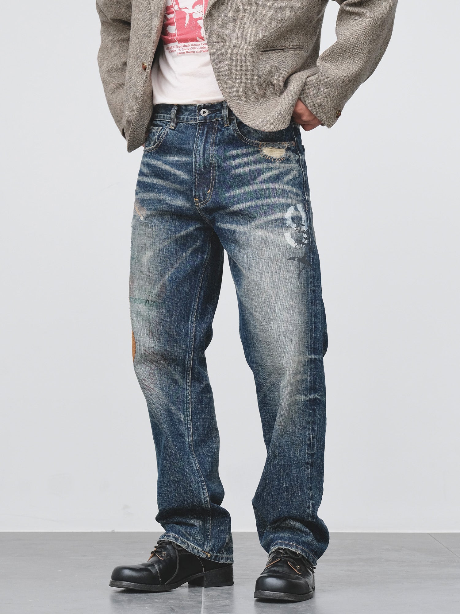 NEIGBORL Distressed Washed Patch Jeans, premium urban and streetwear designers apparel on PROJECTISR.com, NEIGBORL