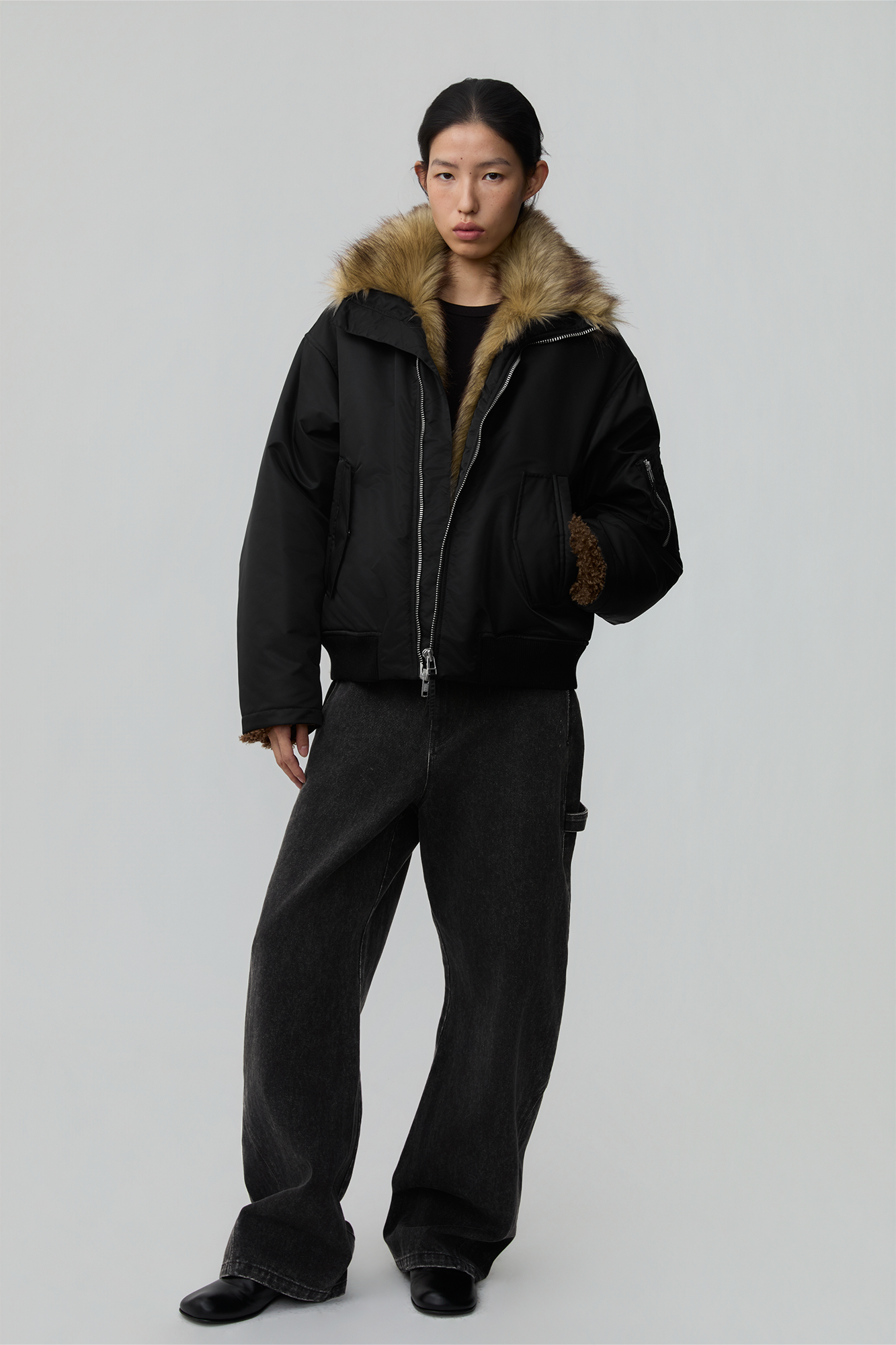 OPICLOTH Faux Fur-Lined Spliced Bomber Jacket, premium urban and streetwear designers apparel on PROJECTISR.com, OPICLOTH