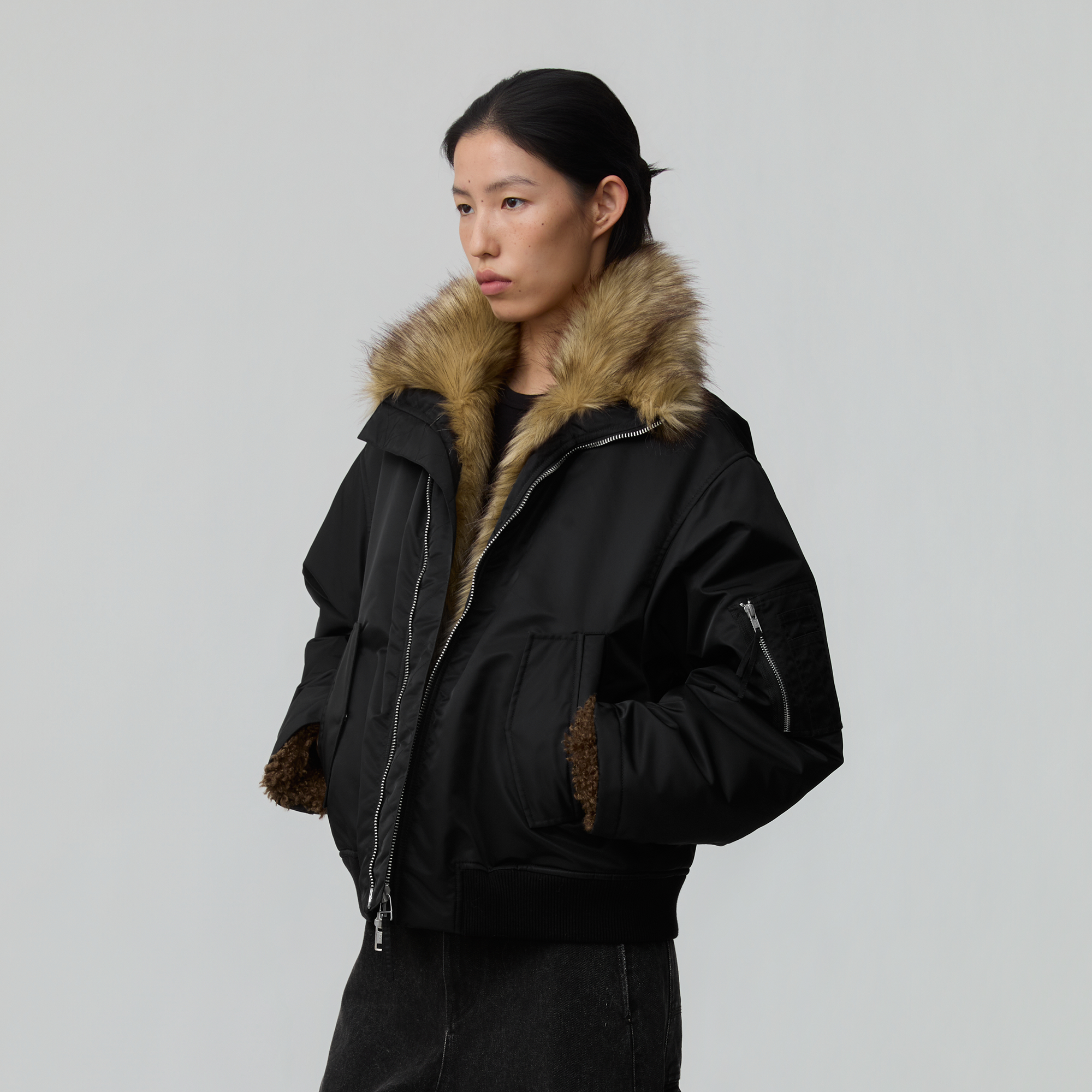 OPICLOTH Faux Fur-Lined Spliced Bomber Jacket, premium urban and streetwear designers apparel on PROJECTISR.com, OPICLOTH