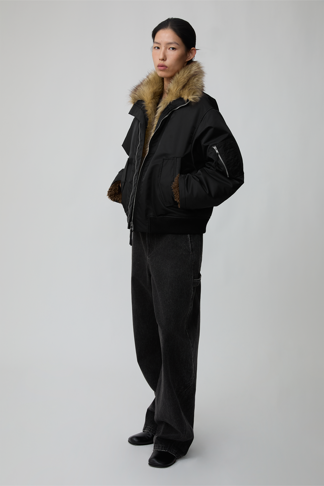 OPICLOTH Faux Fur-Lined Spliced Bomber Jacket, premium urban and streetwear designers apparel on PROJECTISR.com, OPICLOTH