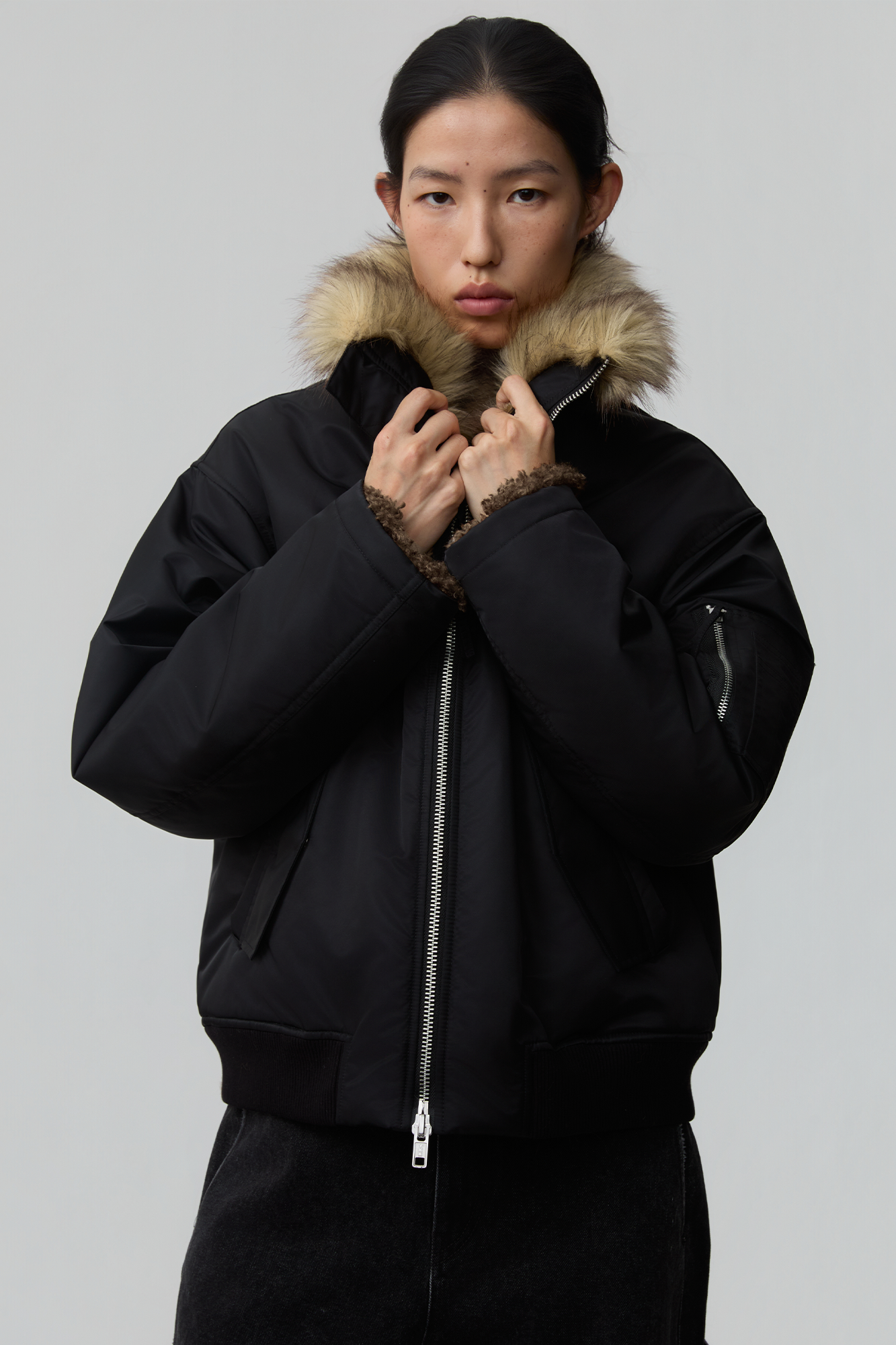 OPICLOTH Faux Fur-Lined Spliced Bomber Jacket, premium urban and streetwear designers apparel on PROJECTISR.com, OPICLOTH