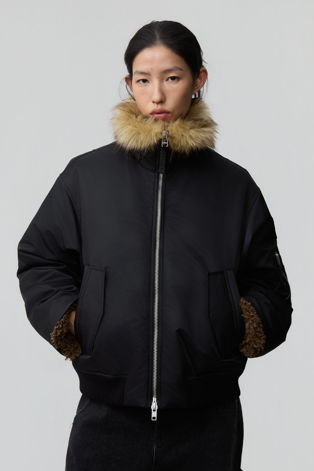 OPICLOTH Faux Fur-Lined Spliced Bomber Jacket, premium urban and streetwear designers apparel on PROJECTISR.com, OPICLOTH
