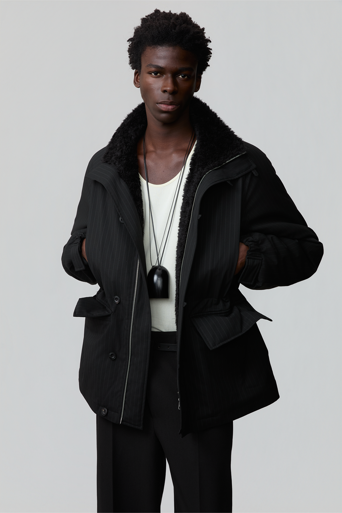 OPICLOTH Pinstriped Faux Fur-Lined Drawstring Jacket, premium urban and streetwear designers apparel on PROJECTISR.com, OPICLOTH