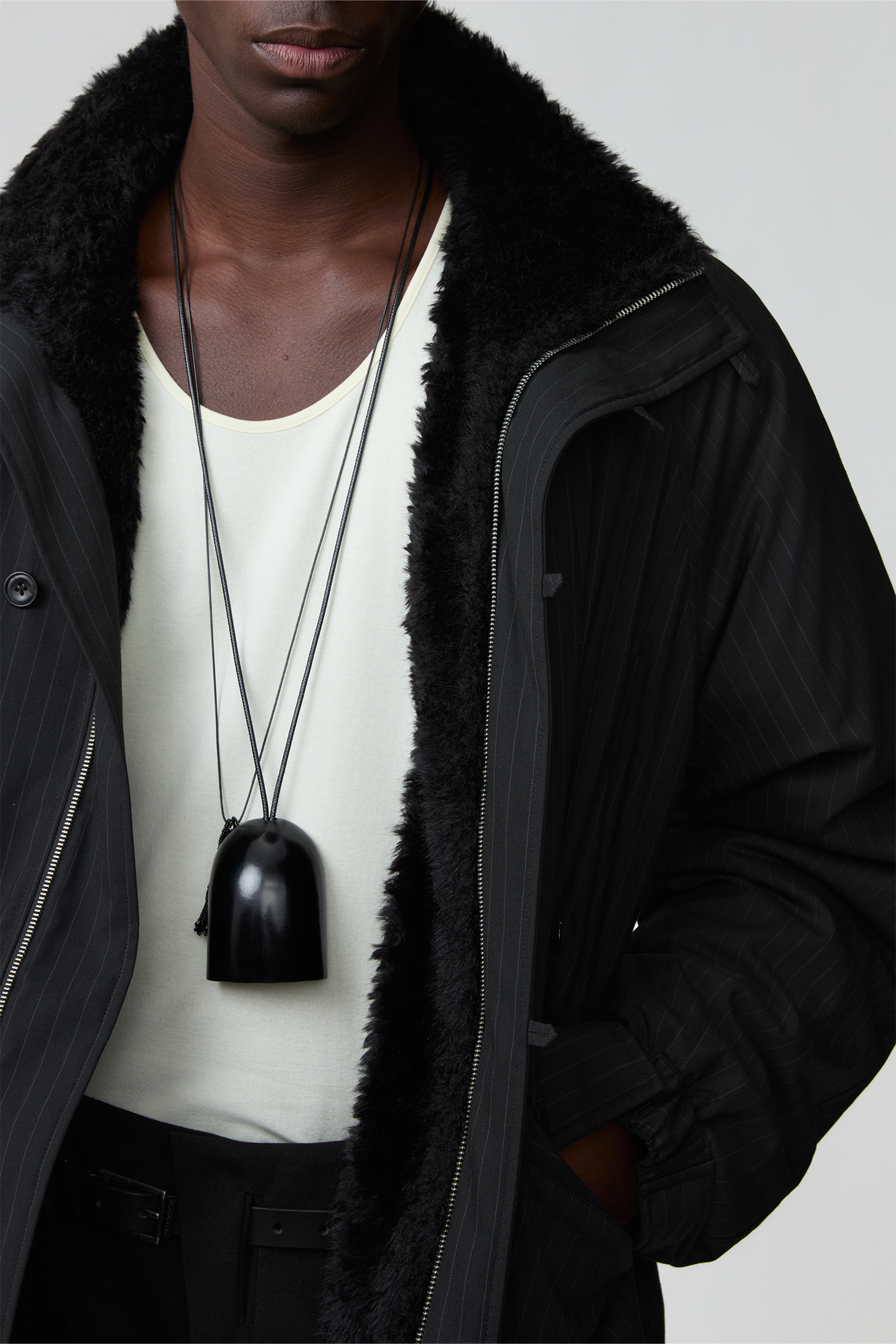 OPICLOTH Pinstriped Faux Fur-Lined Drawstring Jacket, premium urban and streetwear designers apparel on PROJECTISR.com, OPICLOTH