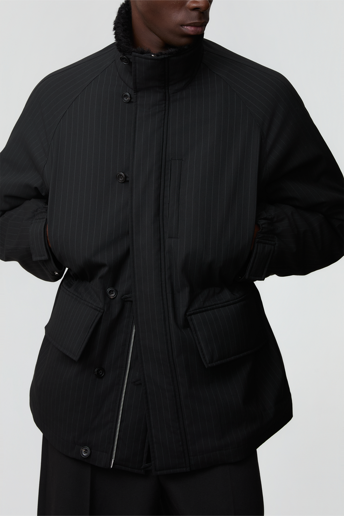 OPICLOTH Pinstriped Faux Fur-Lined Drawstring Jacket, premium urban and streetwear designers apparel on PROJECTISR.com, OPICLOTH