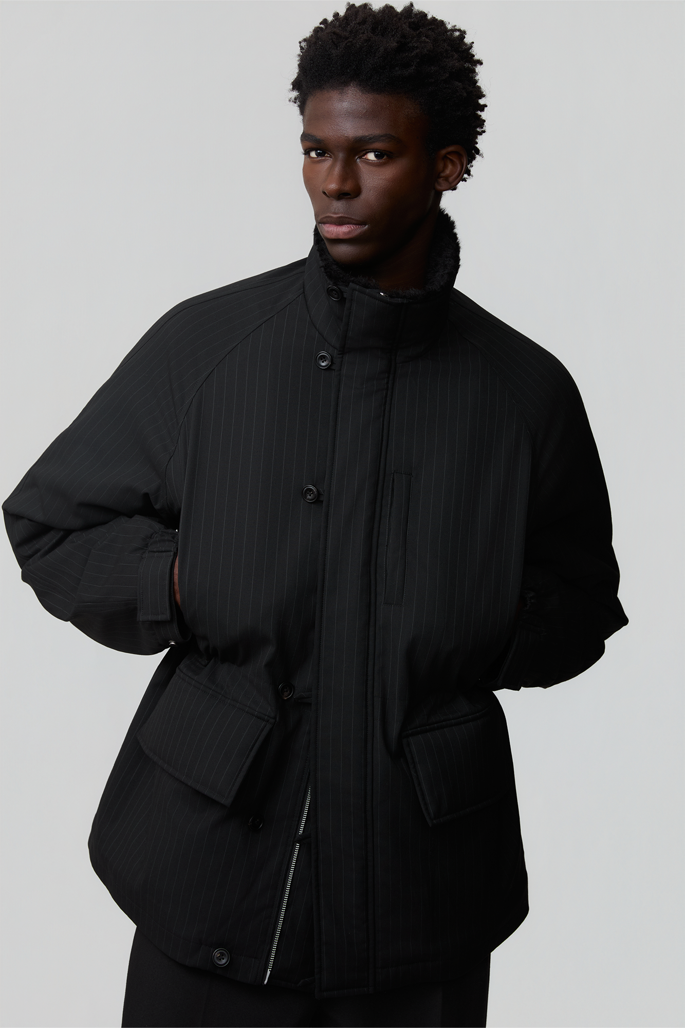 OPICLOTH Pinstriped Faux Fur-Lined Drawstring Jacket, premium urban and streetwear designers apparel on PROJECTISR.com, OPICLOTH