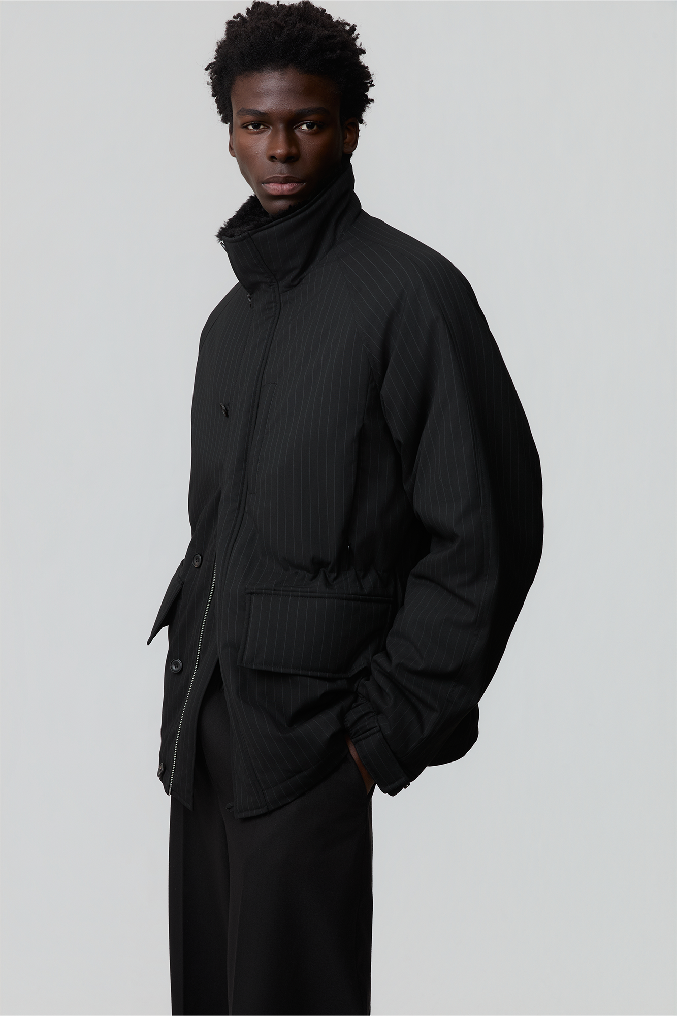 OPICLOTH Pinstriped Faux Fur-Lined Drawstring Jacket, premium urban and streetwear designers apparel on PROJECTISR.com, OPICLOTH