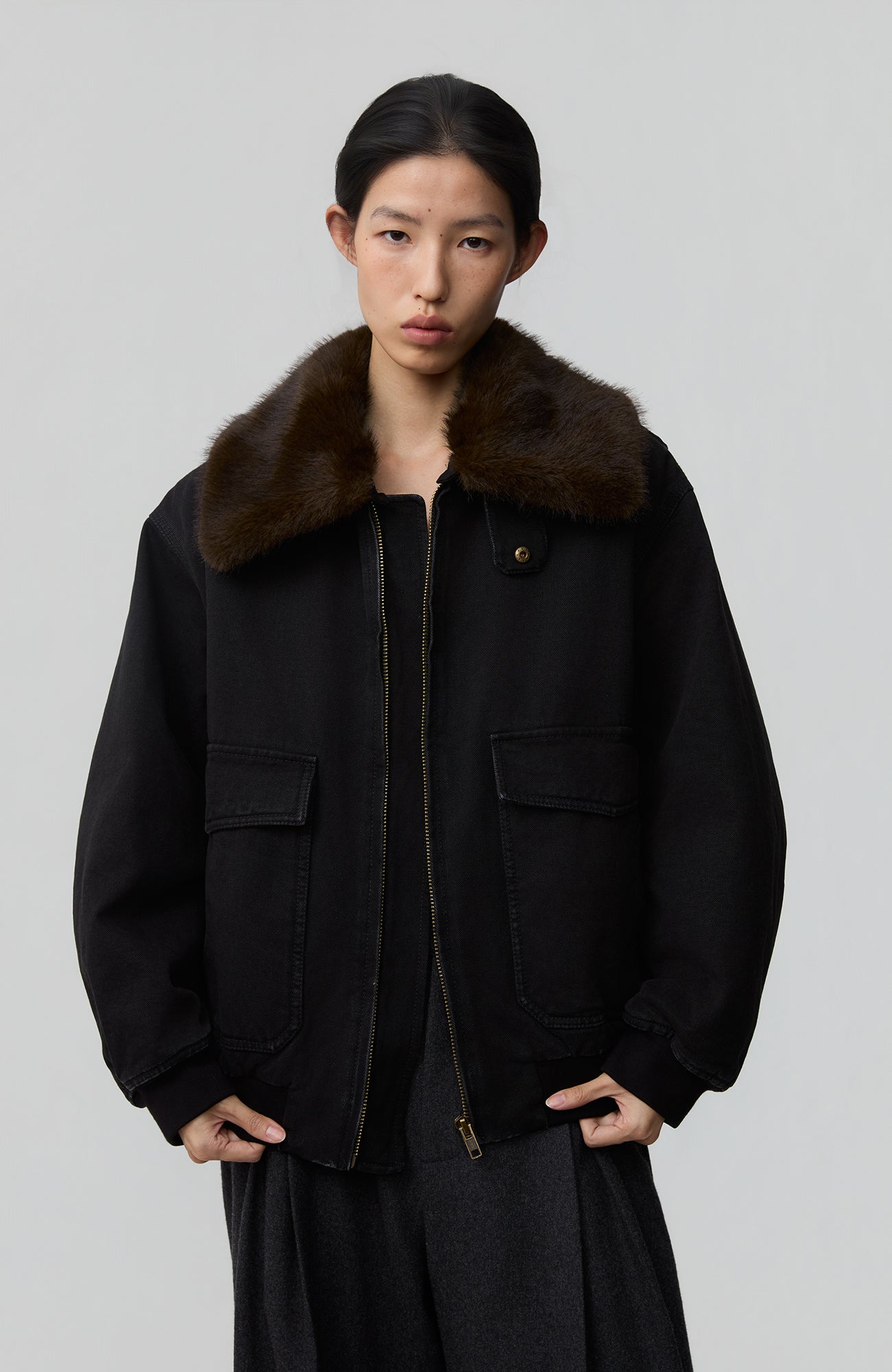 OPICLOTH Detachable Faux Fur Collar Padded Denim Jacket