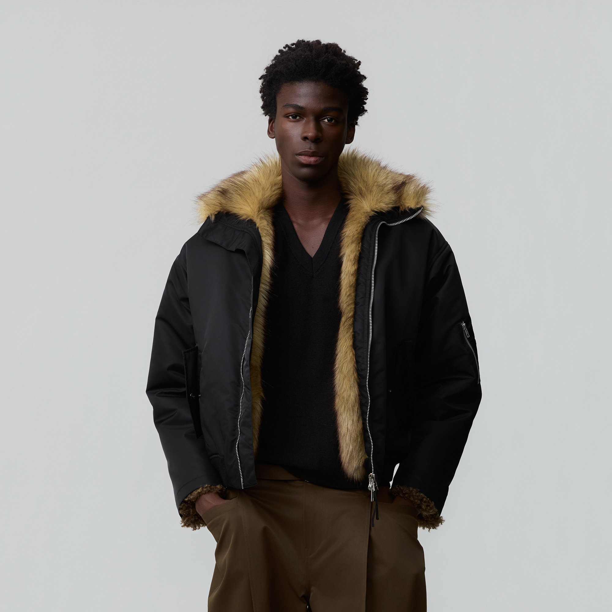 OPICLOTH Faux Fur-Lined Spliced Bomber Jacket