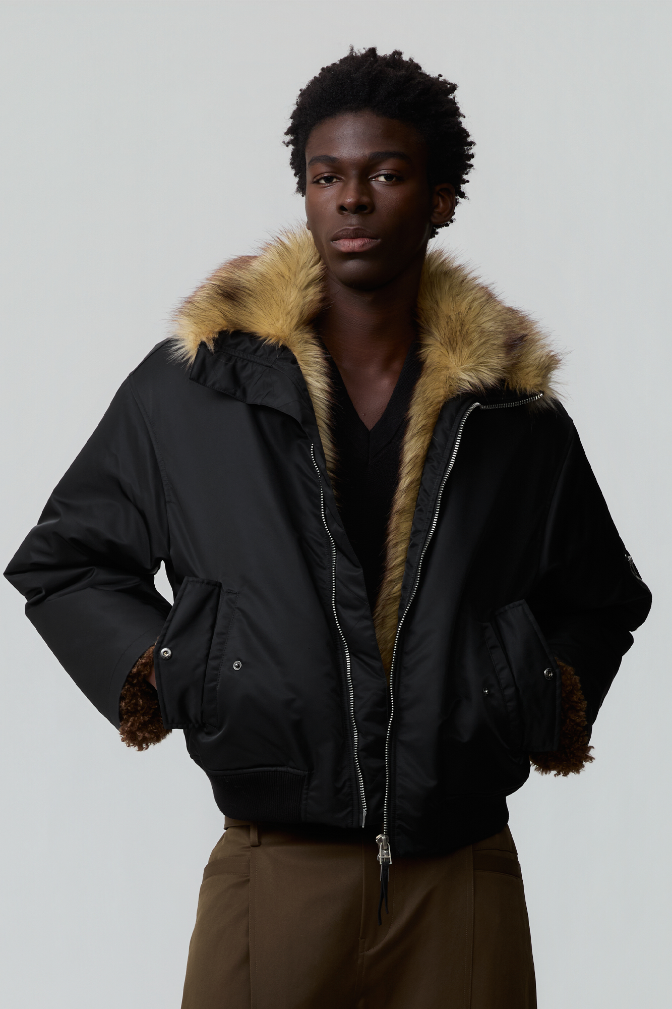 OPICLOTH Faux Fur-Lined Spliced Bomber Jacket, premium urban and streetwear designers apparel on PROJECTISR.com, OPICLOTH