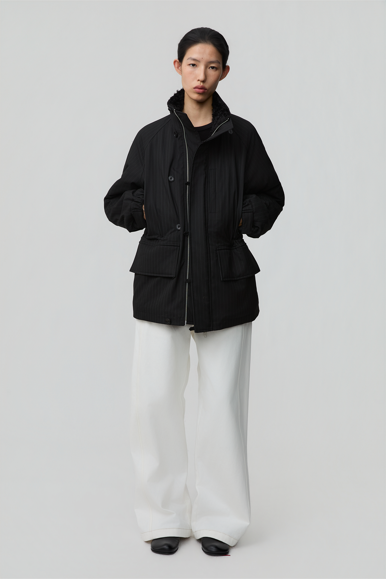 OPICLOTH Pinstriped Faux Fur-Lined Drawstring Jacket, premium urban and streetwear designers apparel on PROJECTISR.com, OPICLOTH