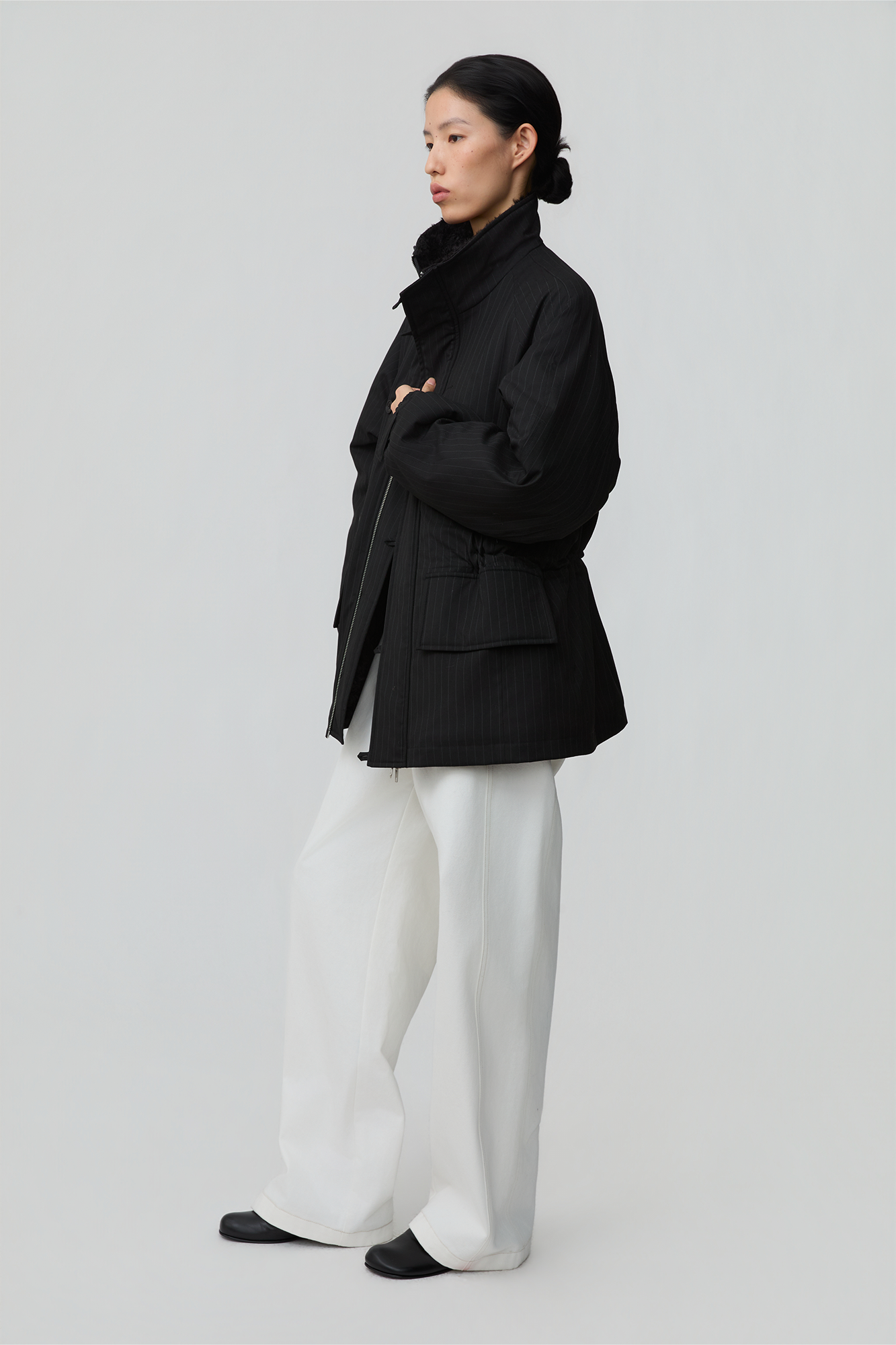 OPICLOTH Pinstriped Faux Fur-Lined Drawstring Jacket, premium urban and streetwear designers apparel on PROJECTISR.com, OPICLOTH