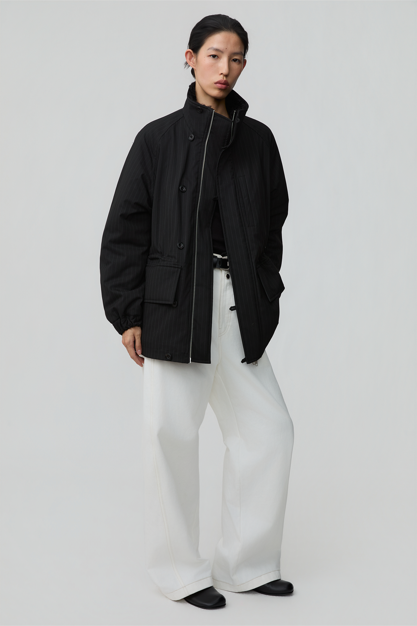 OPICLOTH Pinstriped Faux Fur-Lined Drawstring Jacket, premium urban and streetwear designers apparel on PROJECTISR.com, OPICLOTH