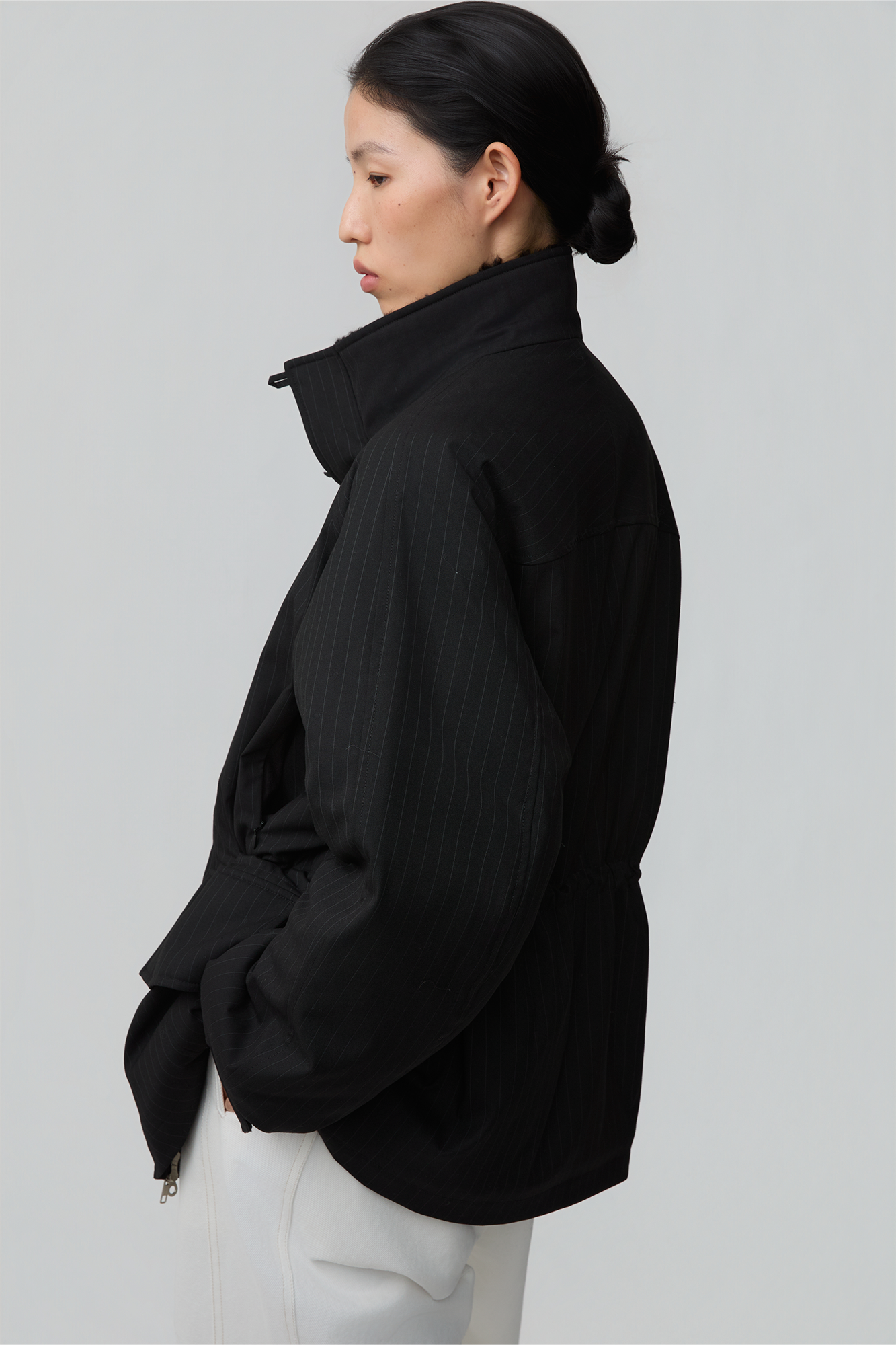 OPICLOTH Pinstriped Faux Fur-Lined Drawstring Jacket, premium urban and streetwear designers apparel on PROJECTISR.com, OPICLOTH