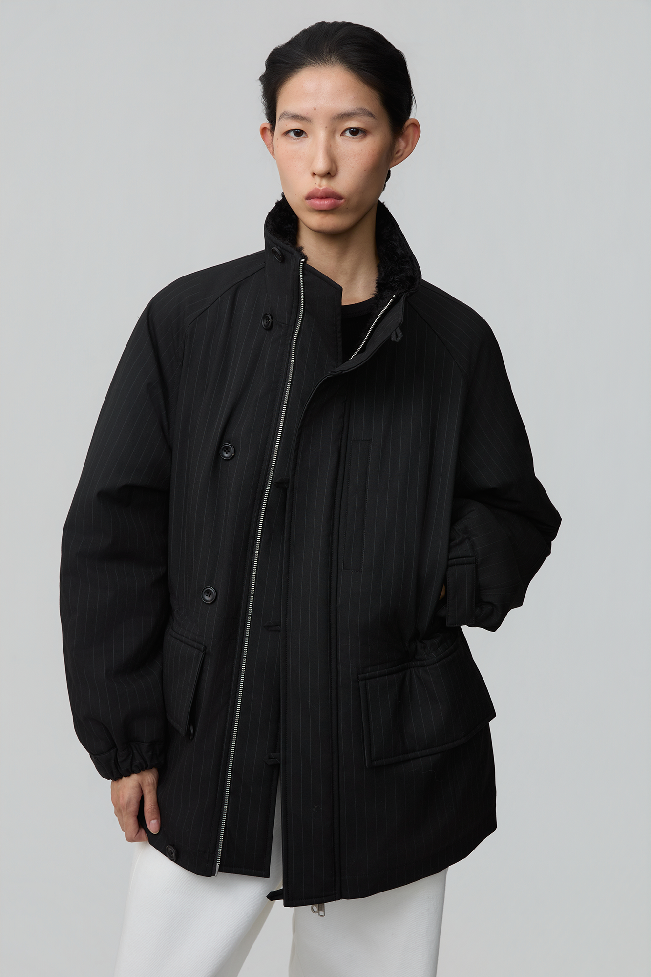 OPICLOTH Pinstriped Faux Fur-Lined Drawstring Jacket, premium urban and streetwear designers apparel on PROJECTISR.com, OPICLOTH