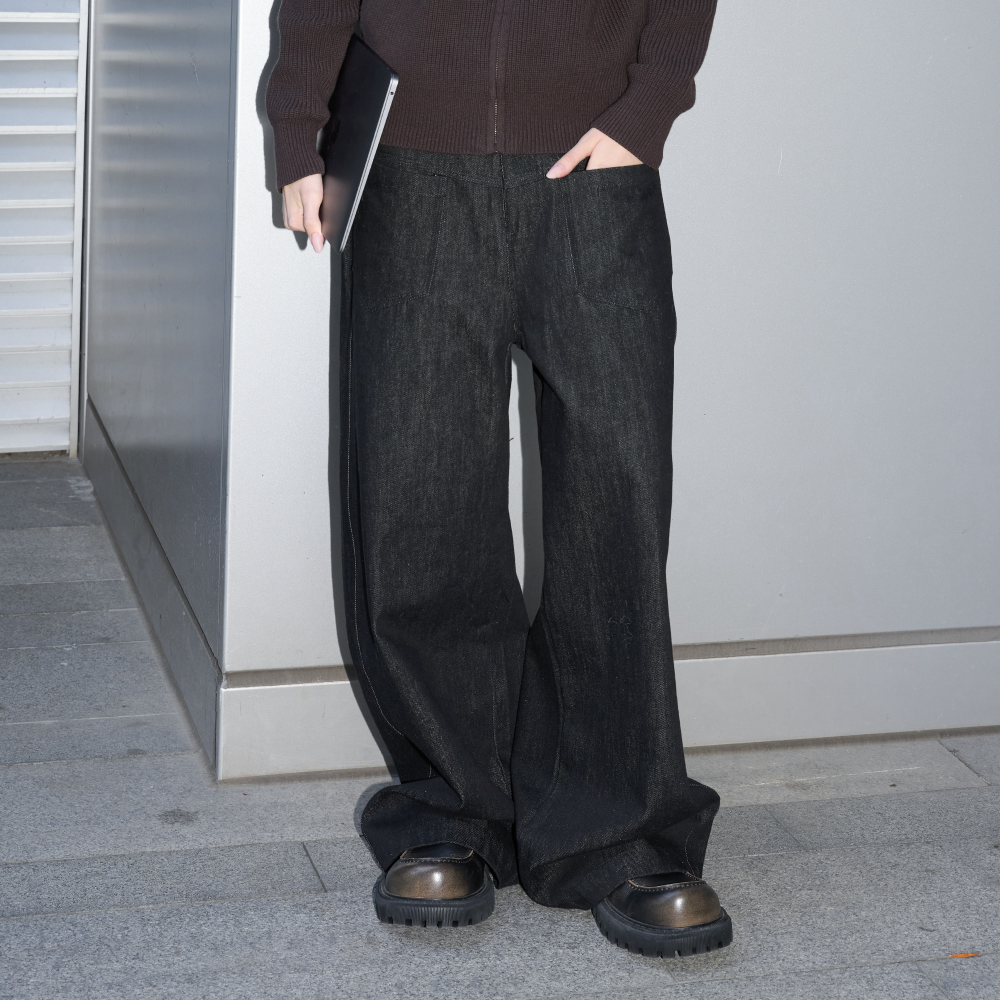 LABELROOM Washed Wide-Leg Raw Denim Pants, premium urban and streetwear designers apparel on PROJECTISR.com, LABELROOM