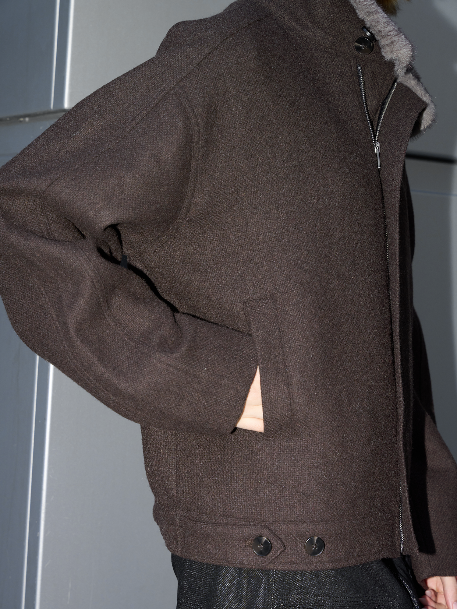 LABELROOM Modern Faux-Fur Collar Wool Jacket Brown, premium urban and streetwear designers apparel on PROJECTISR.com, LABELROOM