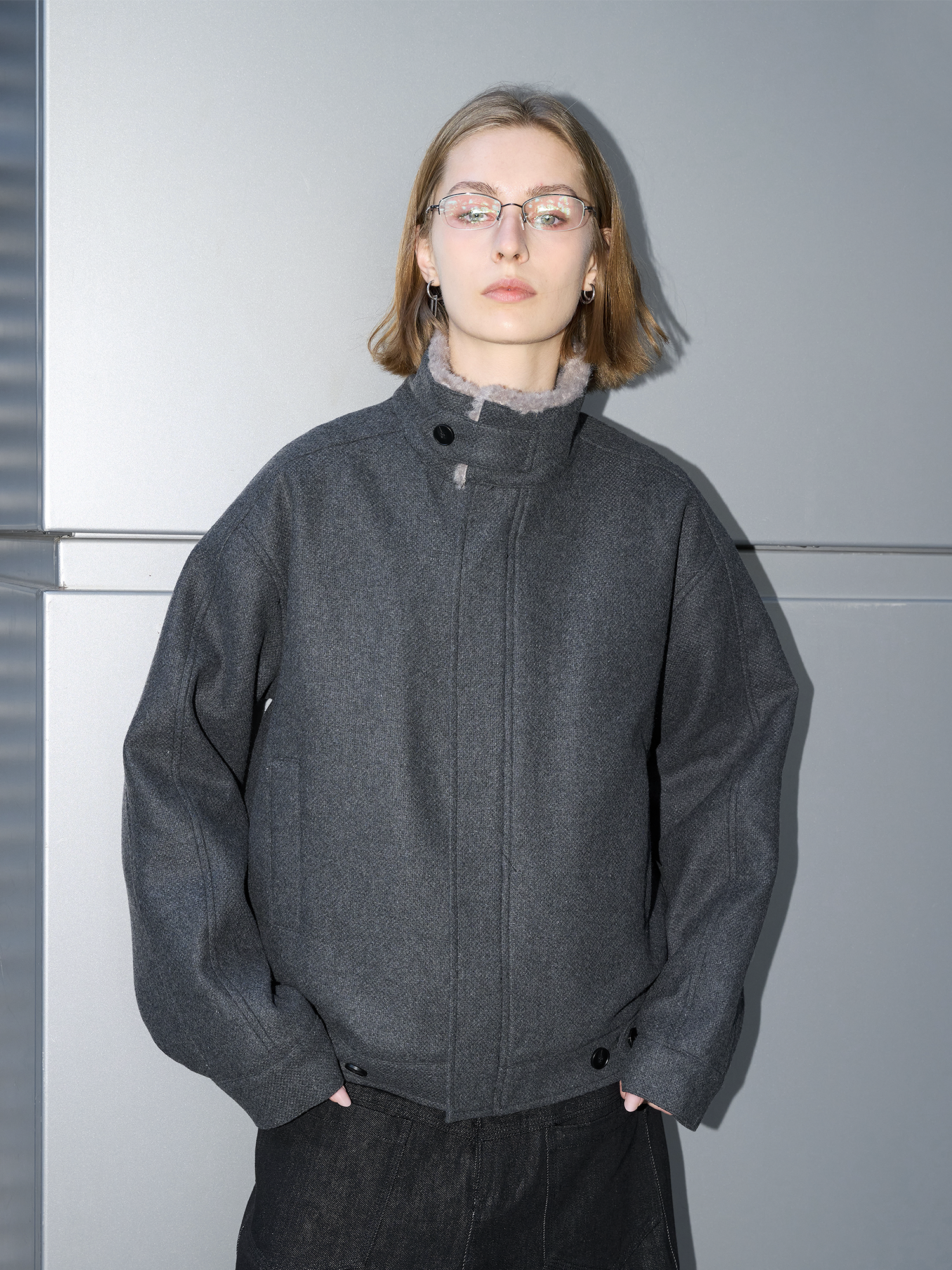 LABELROOM Modern Faux-Fur Collar Wool Jacket Gray, premium urban and streetwear designers apparel on PROJECTISR.com, LABELROOM