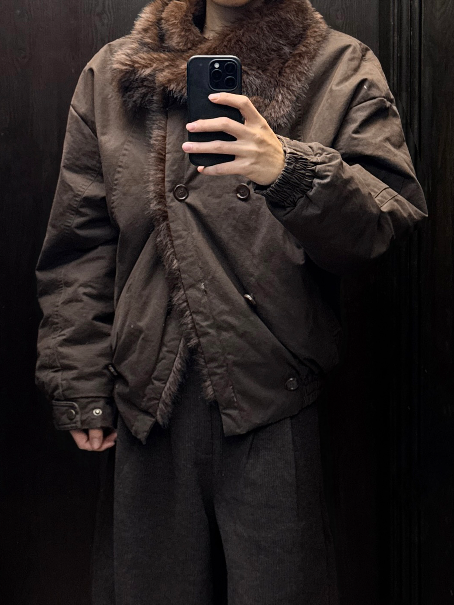 TRECLUB Double-Breasted Faux-Fur Lining Bomber Jacket