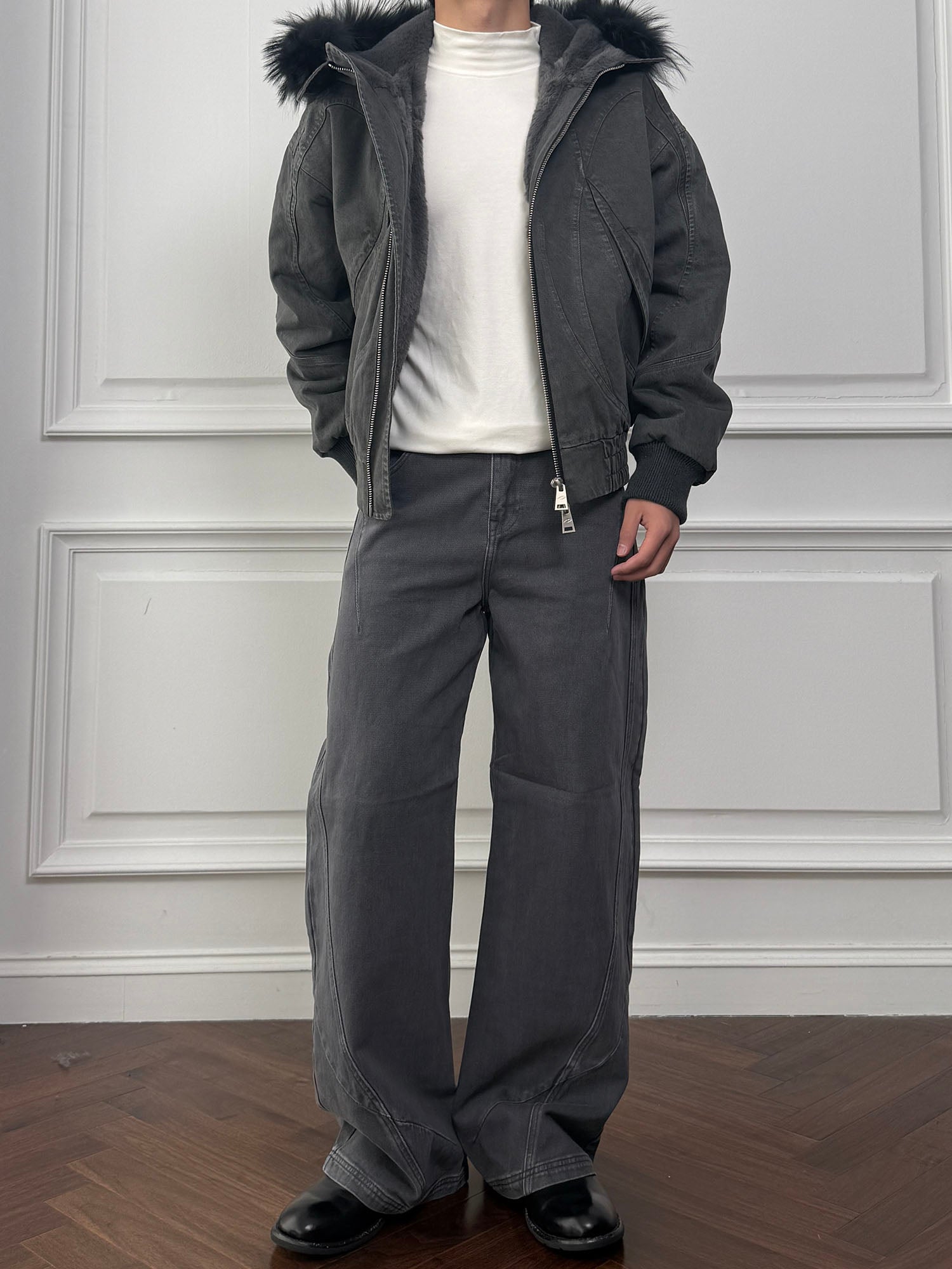 CATSSTAC Detachable Faux Fur Trim Panel Bomber Jacket