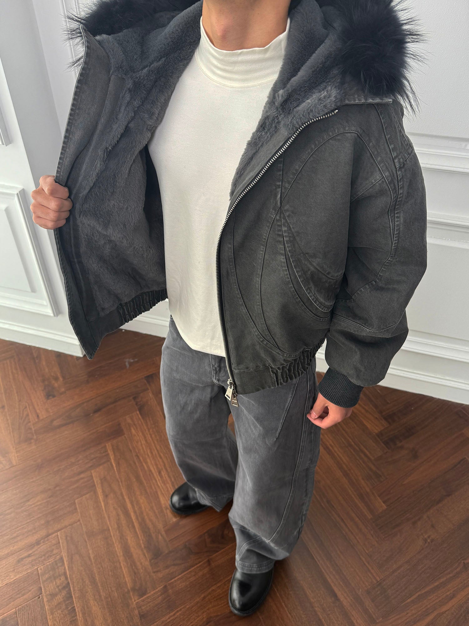 CATSSTAC Detachable Faux Fur Trim Panel Bomber Jacket