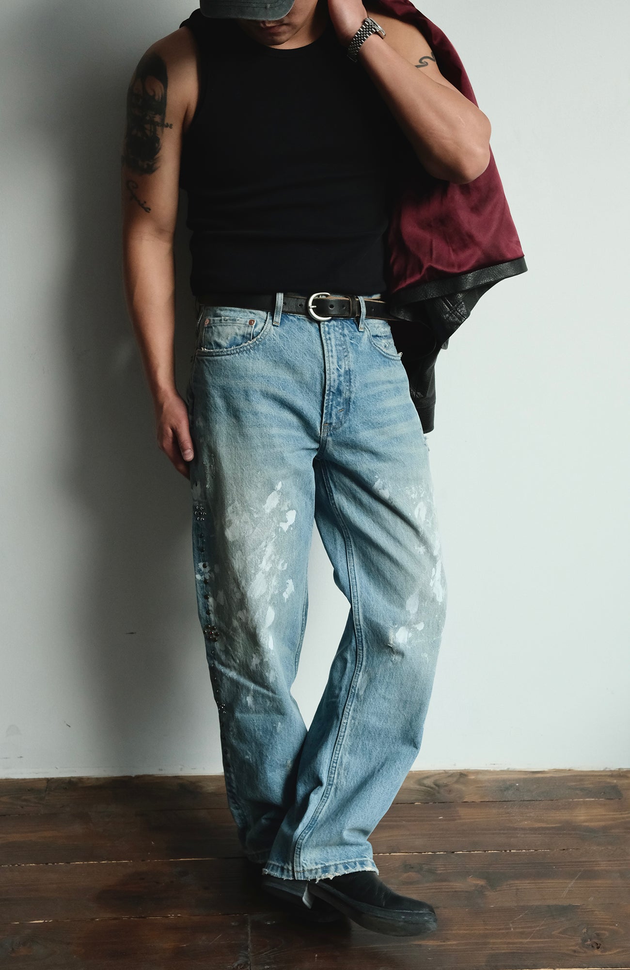 NEIGBORL Paint Splatter Washed Denim Pants, premium urban and streetwear designers apparel on PROJECTISR.com, NEIGBORL