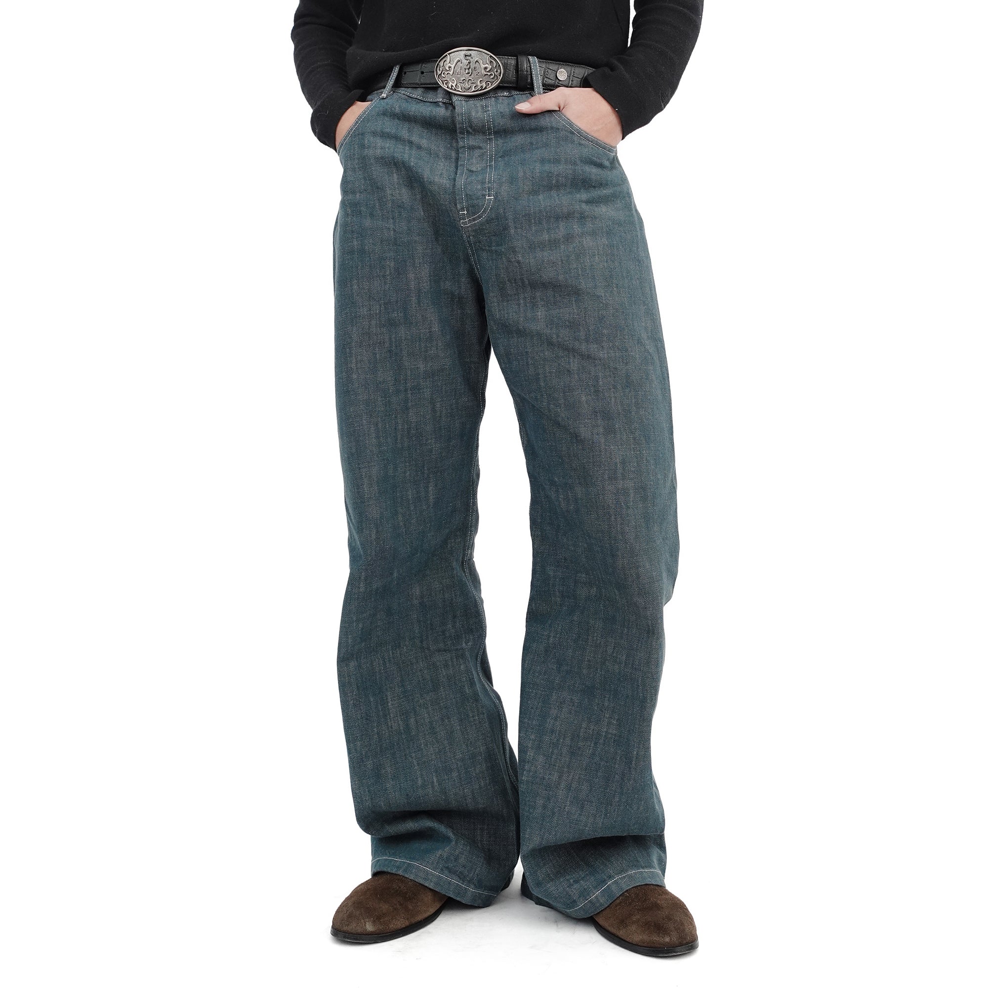 IN EXISTENCE Stitched Back-Belt Curved-Leg Jeans, premium urban and streetwear designers apparel on PROJECTISR.com, IN EXISTENCE