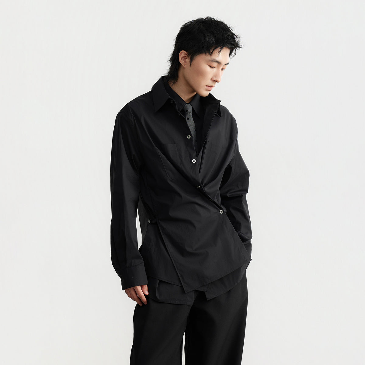 SAMMOKONPA Deconstructed Layered Cinched-Waist Long-Sleeve Shirt