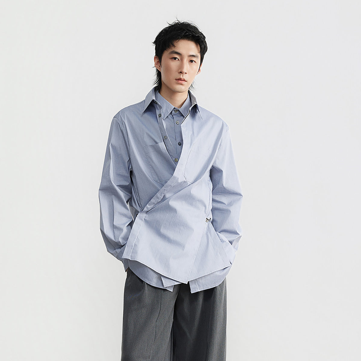 SAMMOKONPA Deconstructed Layered Cinched-Waist Long-Sleeve Shirt