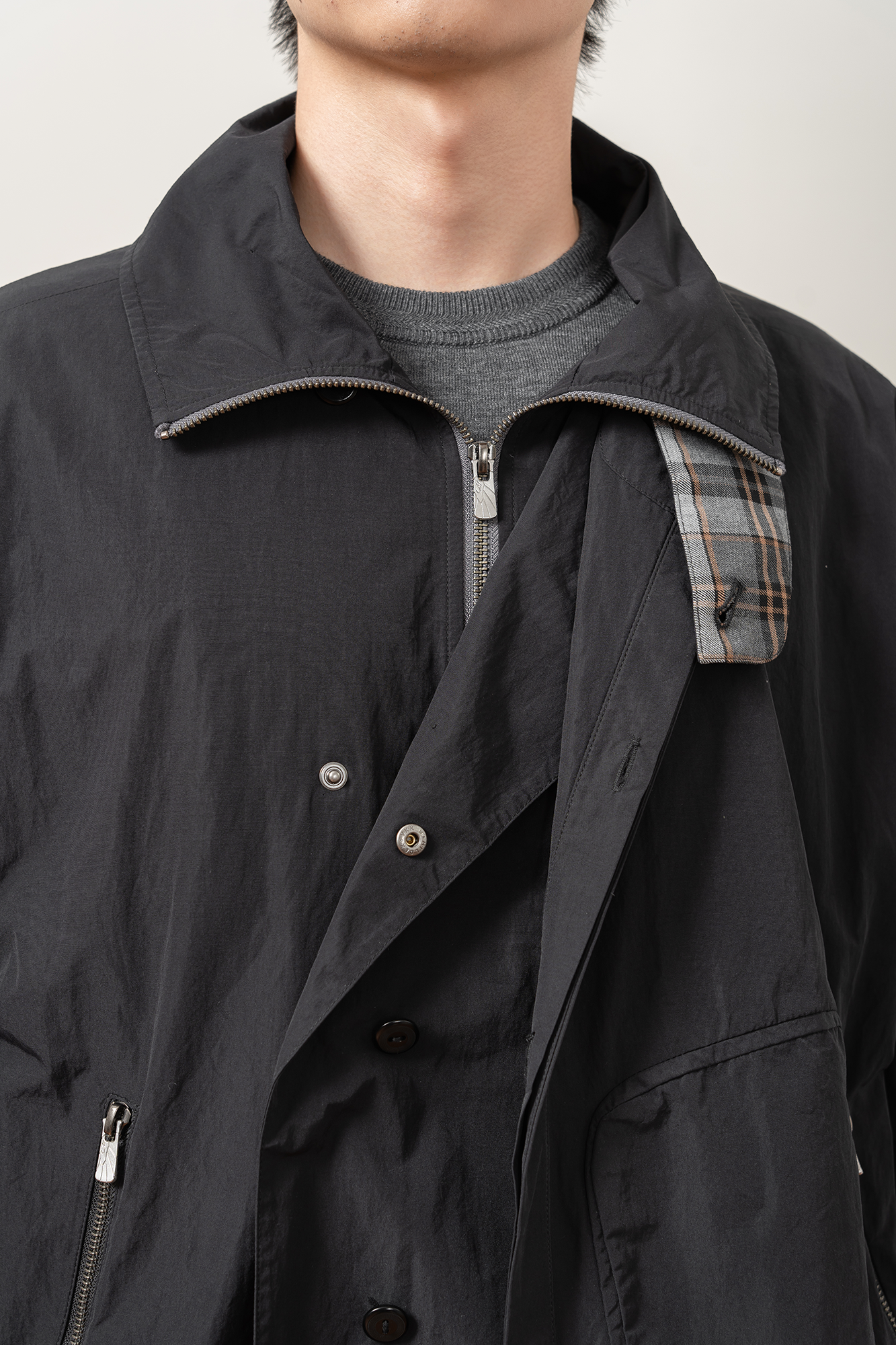 MOITIEDEPETALE Layered Plaid-Trim Jacket