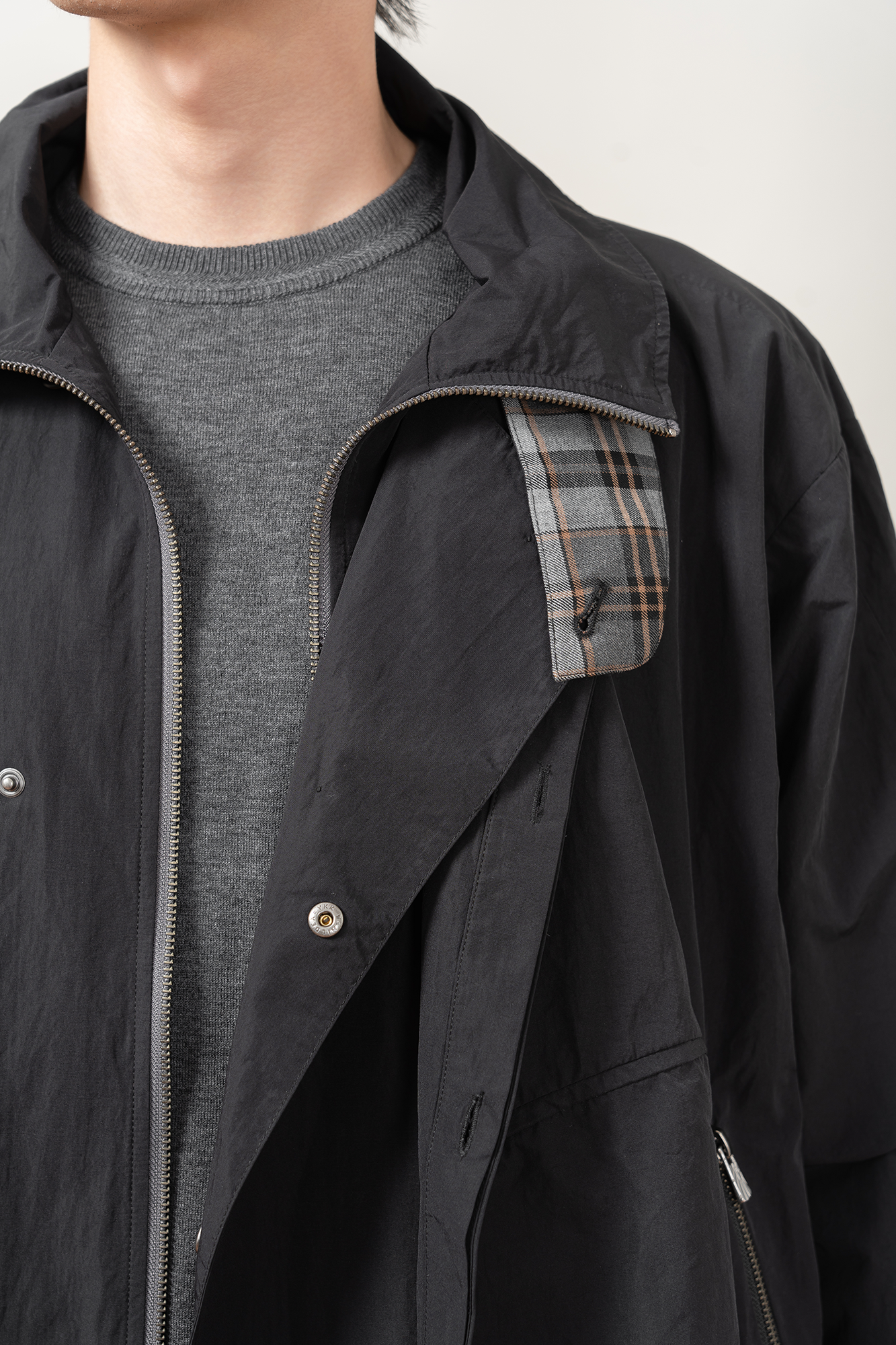 MOITIEDEPETALE Layered Plaid-Trim Jacket