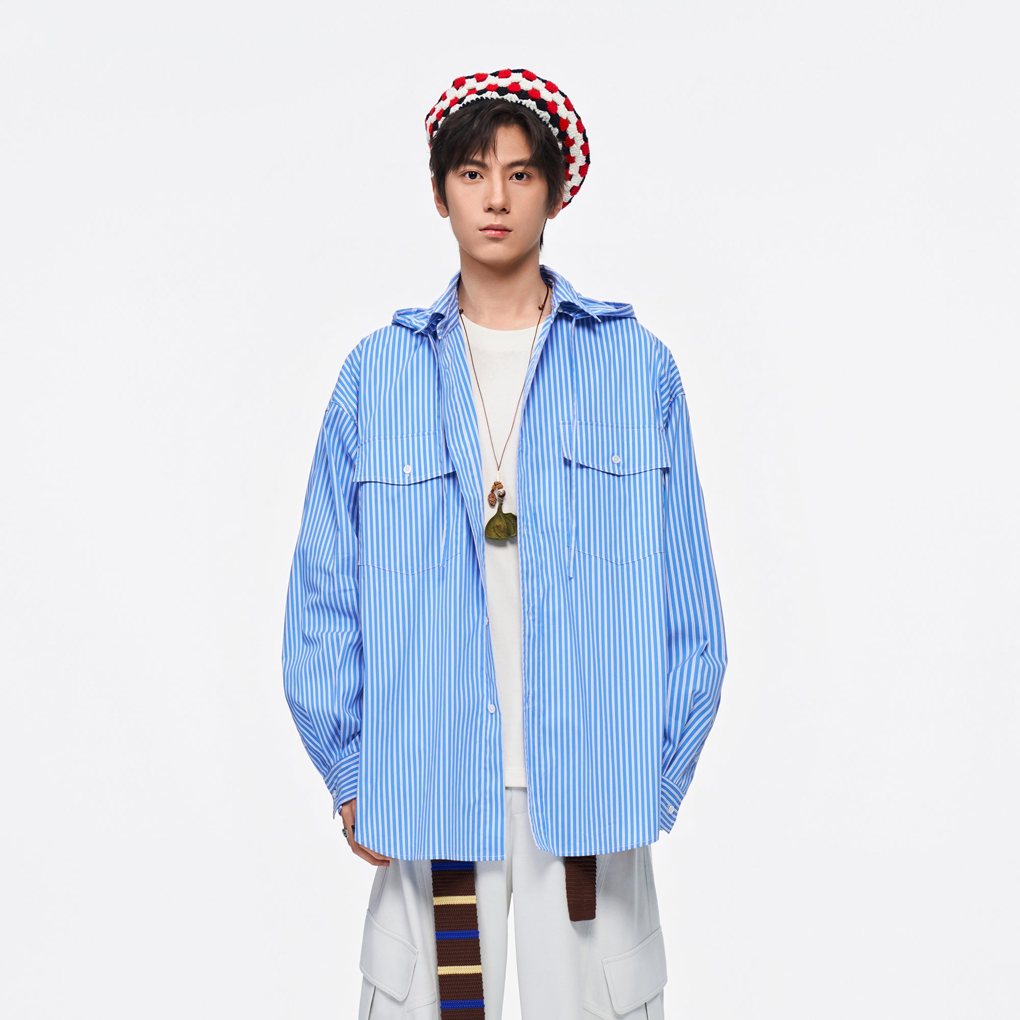 OVERLAPS Stripe Detachable-Hood Shirt, premium urban and streetwear designers apparel on PROJECTISR.com, OVERLAPS