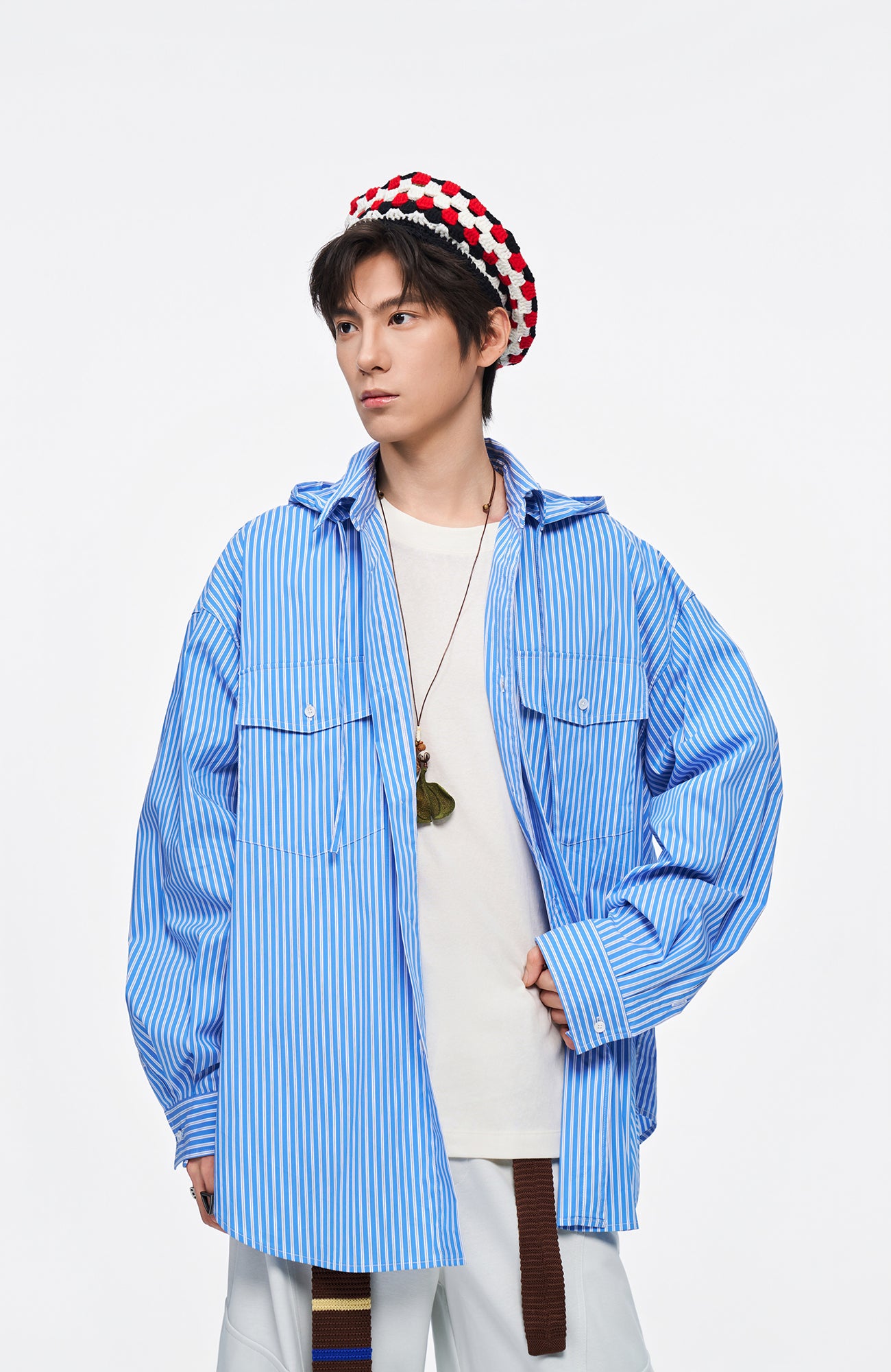 OVERLAPS Stripe Detachable-Hood Shirt, premium urban and streetwear designers apparel on PROJECTISR.com, OVERLAPS